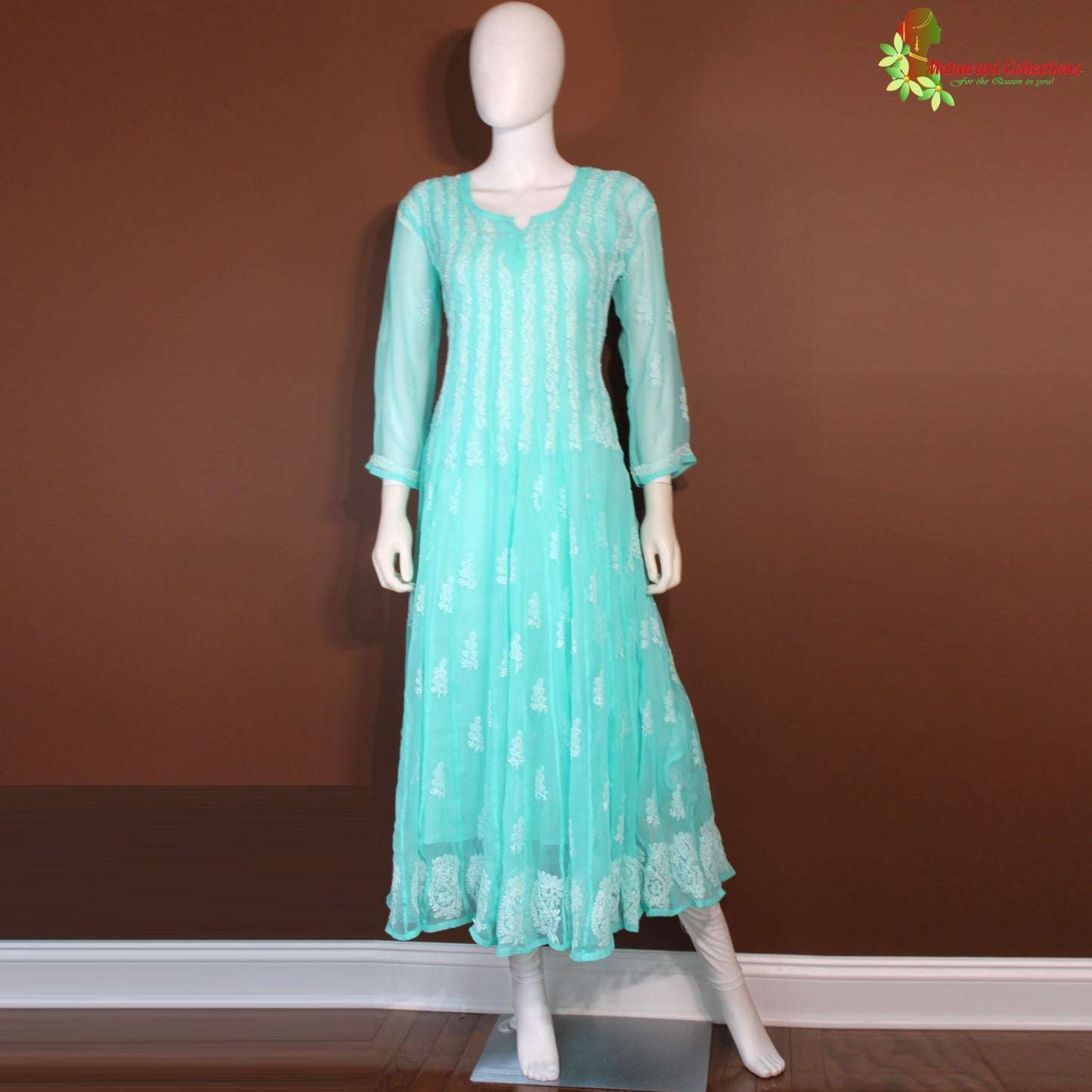 Maharani's Lucknowi Chikankari Anarkali Suit - Sea Green (M) - Pure Georgette