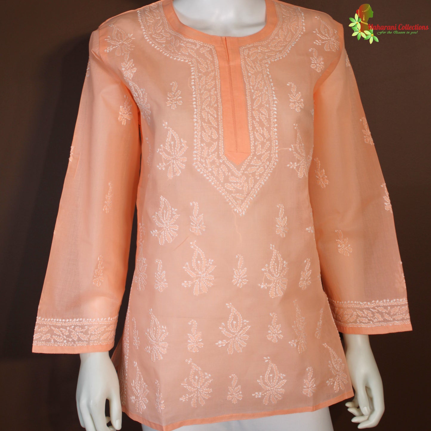 Maharani's Lucknowi Chikankari Short top - Orange (L) - Cotton