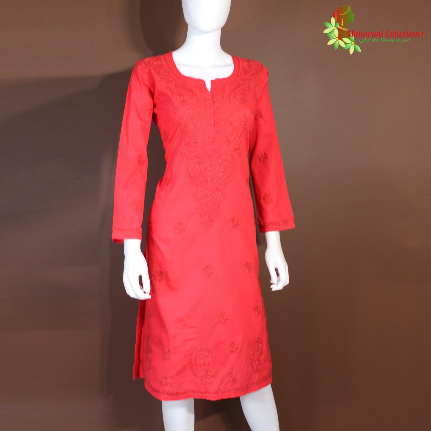 Maharani's Soft Cotton Lucknowi Kurta Top - Red (M)