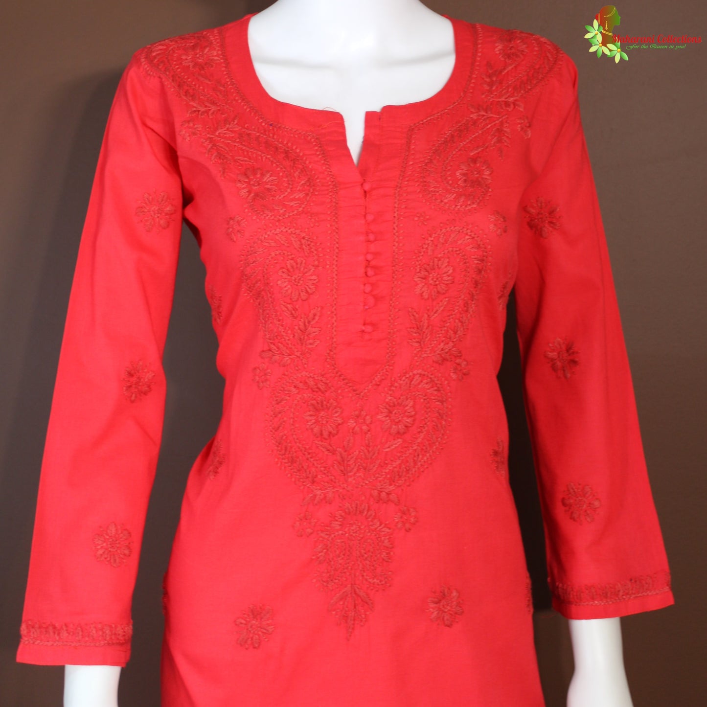 Maharani's Soft Cotton Lucknowi Kurta Top - Red (M)