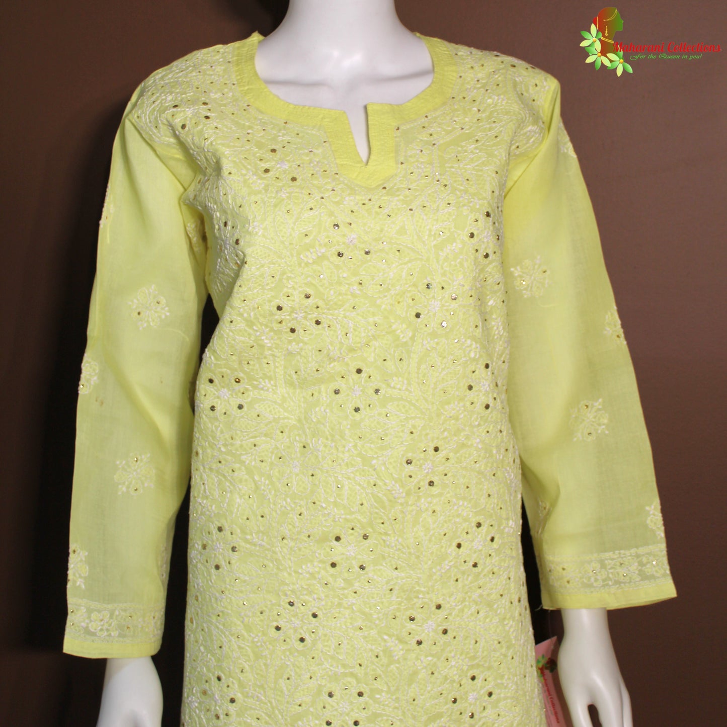 Maharani's Soft Cotton Lucknowi Kurta Top - Light Yellow (XL)