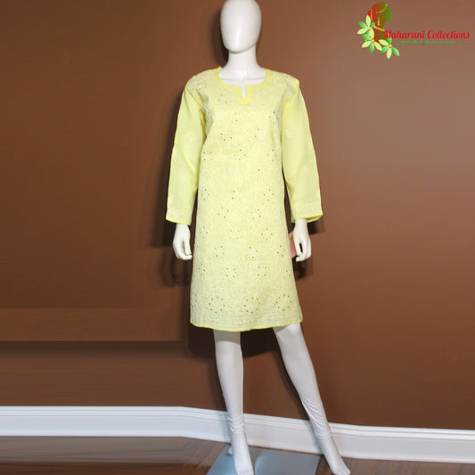 Maharani's Soft Cotton Lucknowi Kurta Top - Light Yellow (XL)