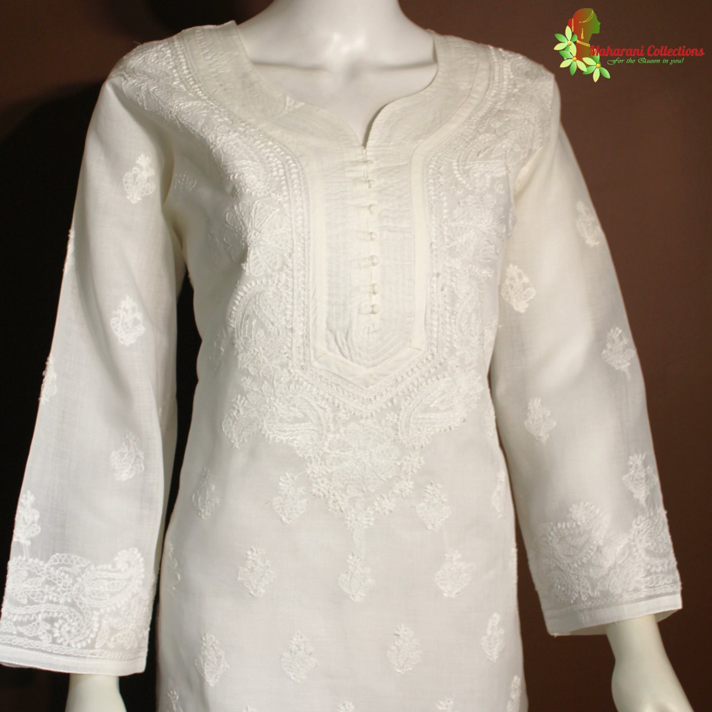 Maharani's Lucknowi Chikankari Kurta Top - White (XL) - Pure Cotton