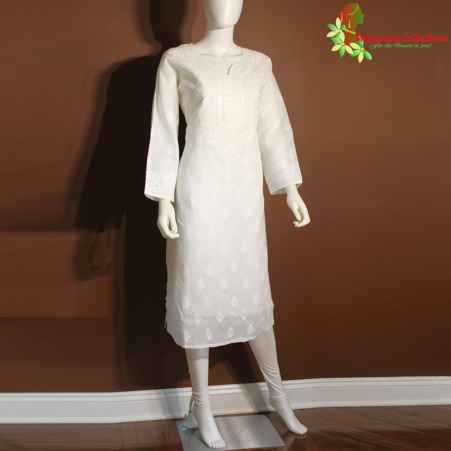 Maharani's Lucknowi Chikankari Kurta Top - White (M) - Pure Cotton