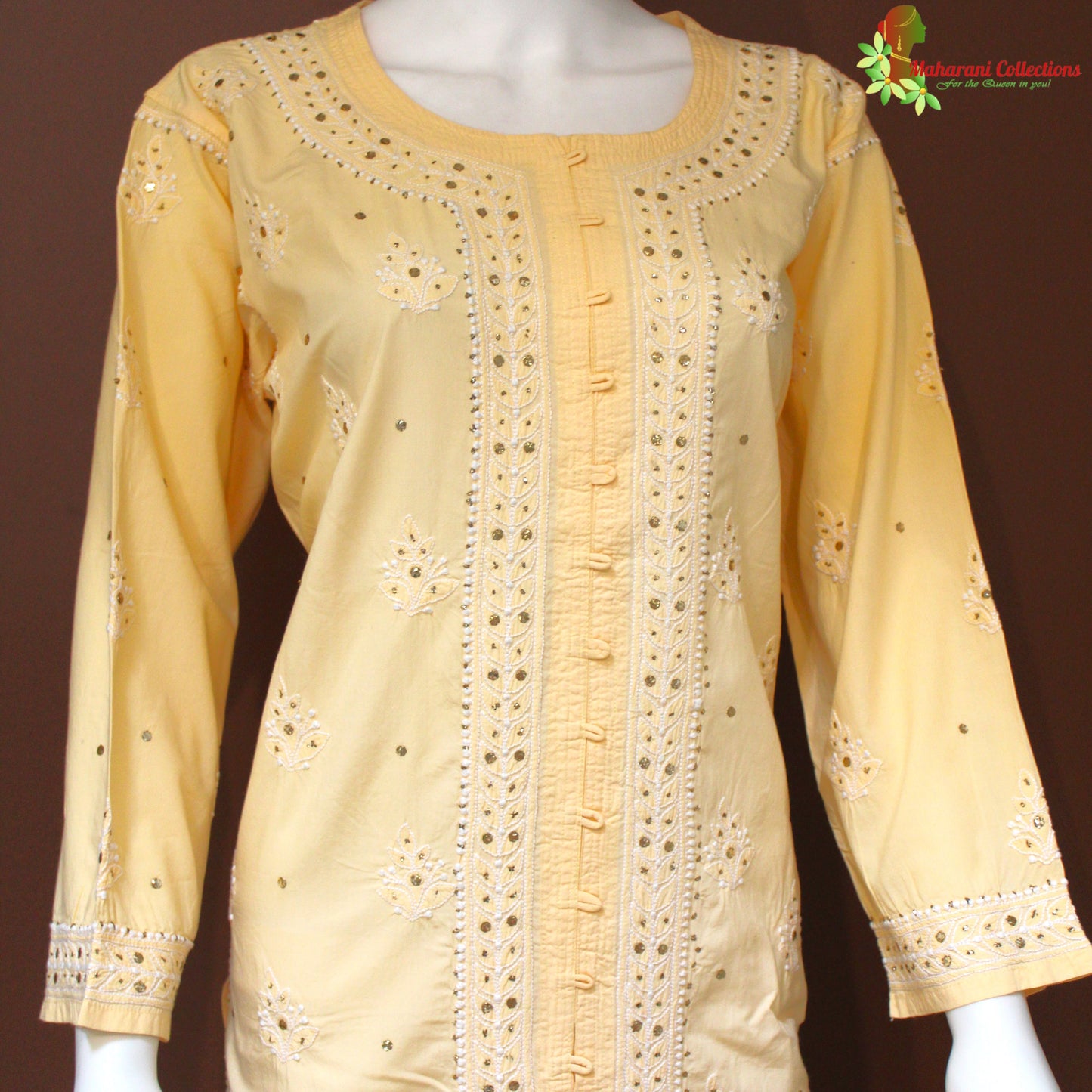 Maharani's Lucknowi Chikankari Pant Suit - Light Yellow (XL) - Soft Muslin Silk