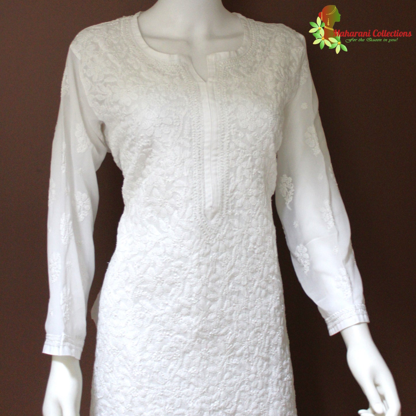 Maharani's Lucknowi Chikankari Kurta Top - White (XL) - Pure Georgette