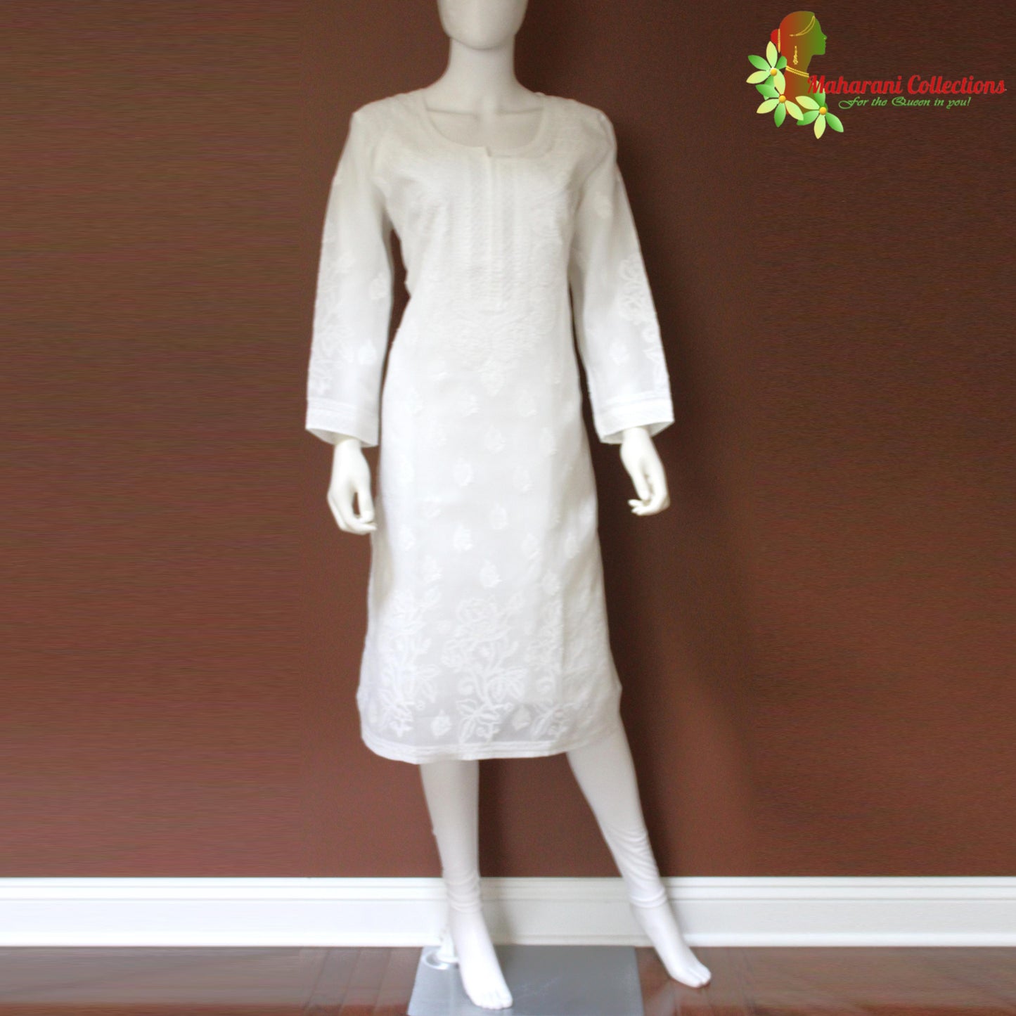 Maharani's Lucknowi Chikankari Kurta Top - White (XL) - Pure Cotton