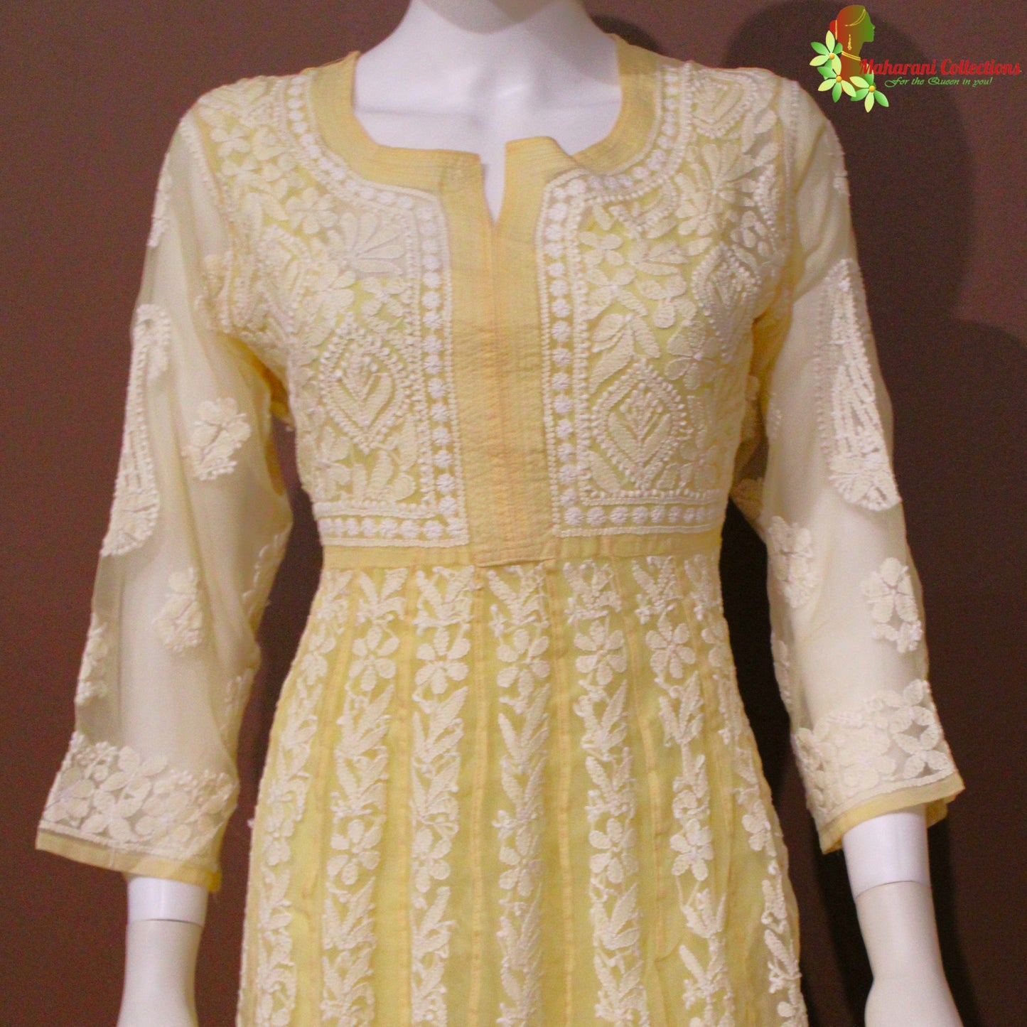Maharani's Lucknowi Chikankari Anarkali Suit - Light Yellow (L) - Pure Georgette