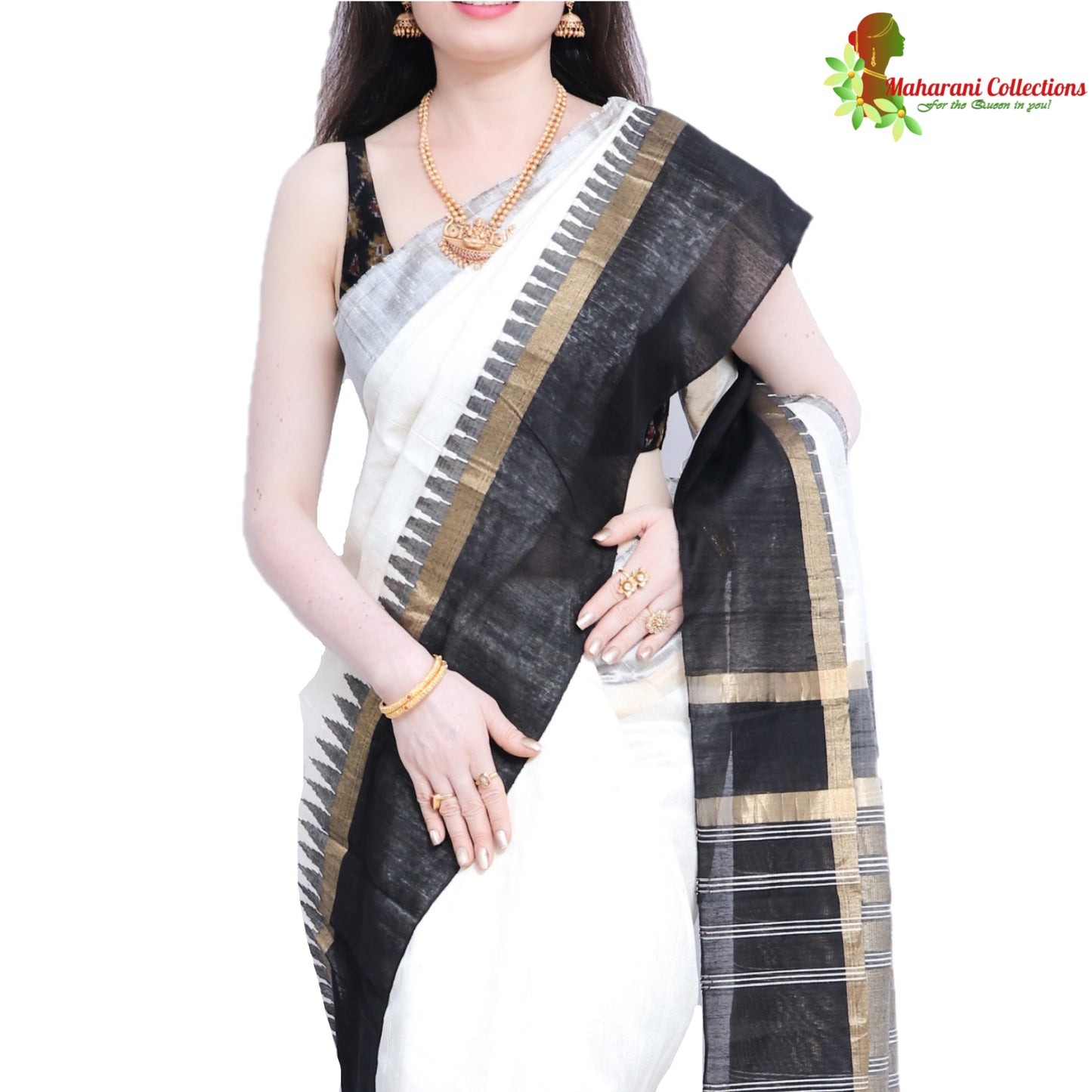 Pure Handloom Tussar Silk Saree (Silk Mark) - White with Golden Zari