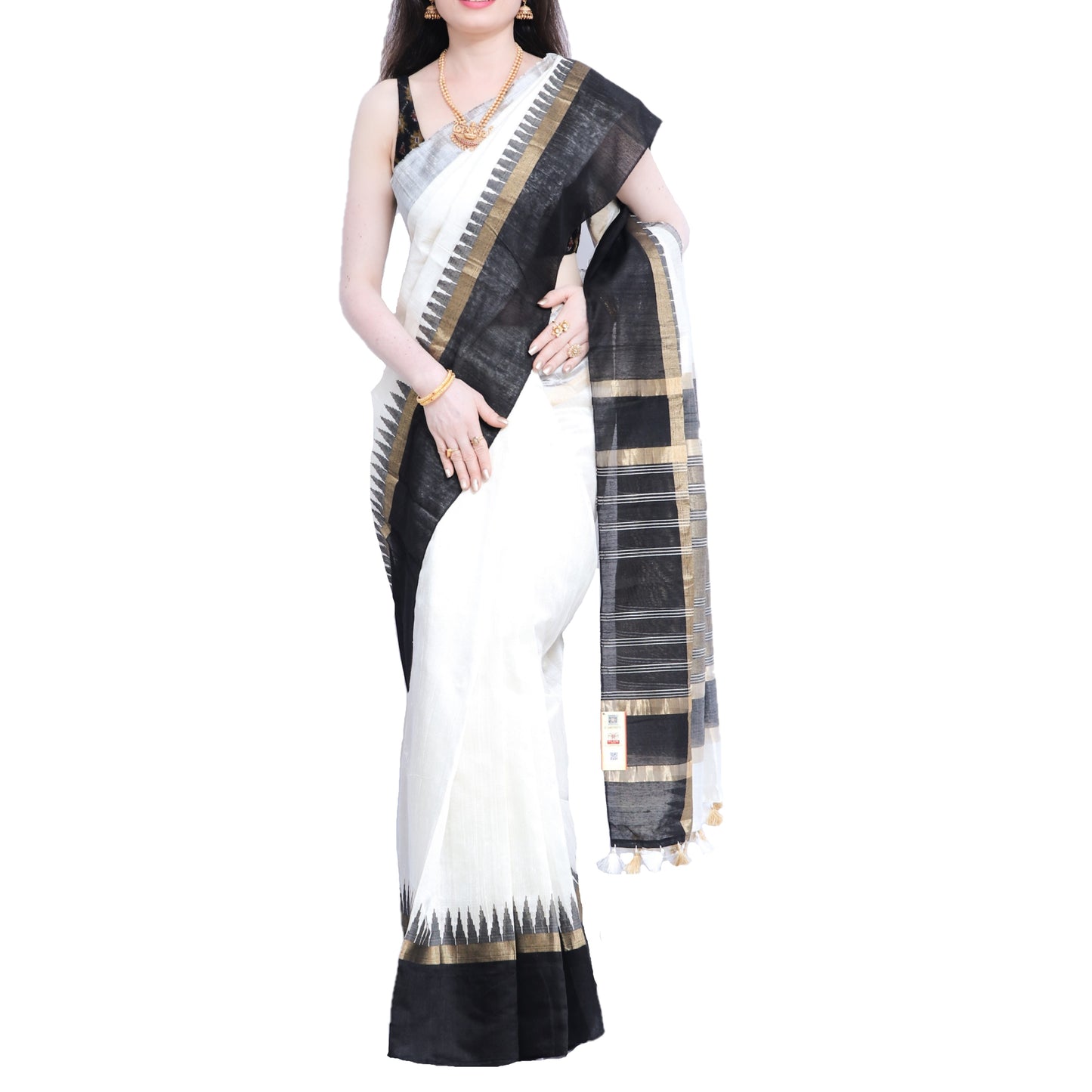 Pure Handloom Tussar Silk Saree (Silk Mark) - White with Golden Zari