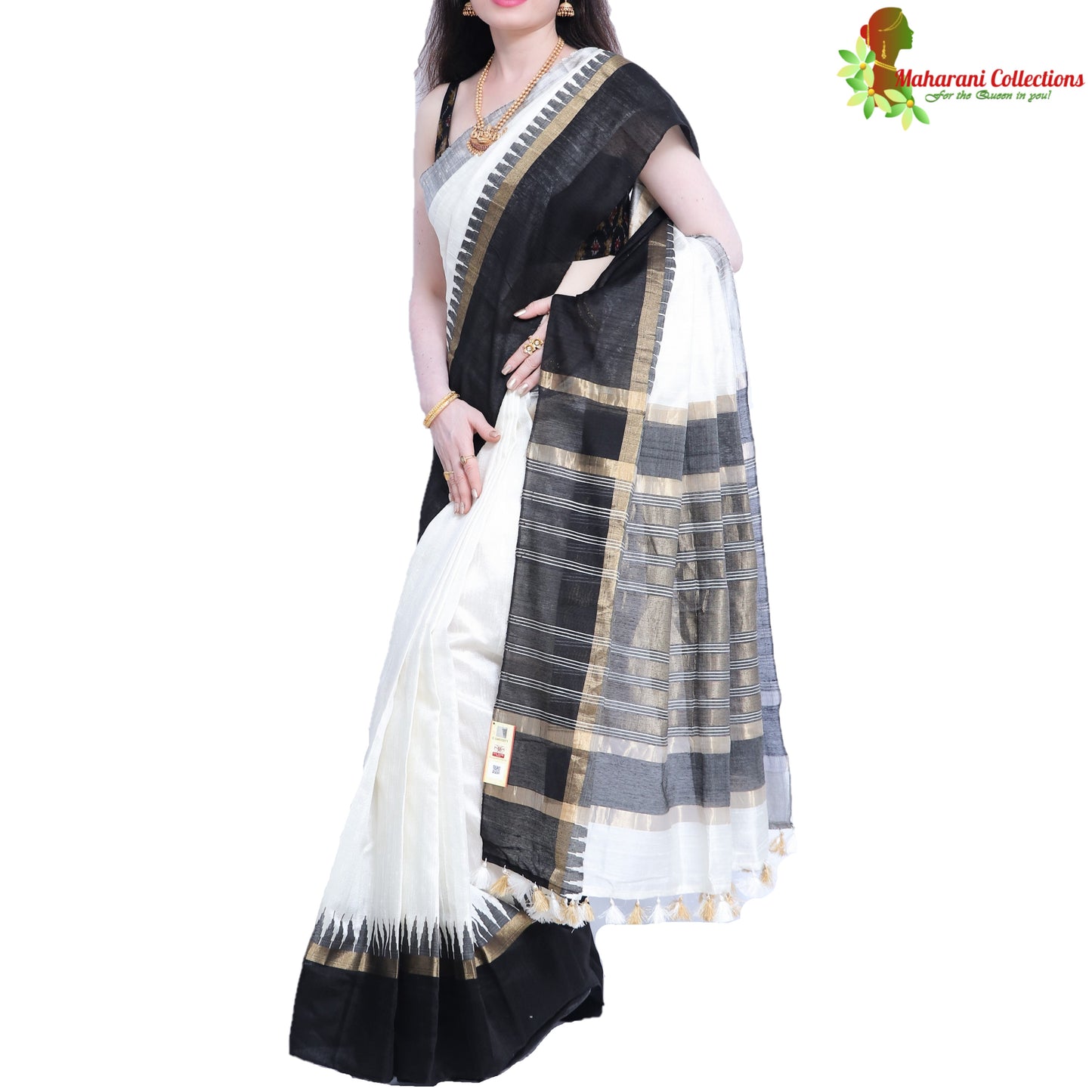 Pure Handloom Tussar Silk Saree (Silk Mark) - White with Golden Zari