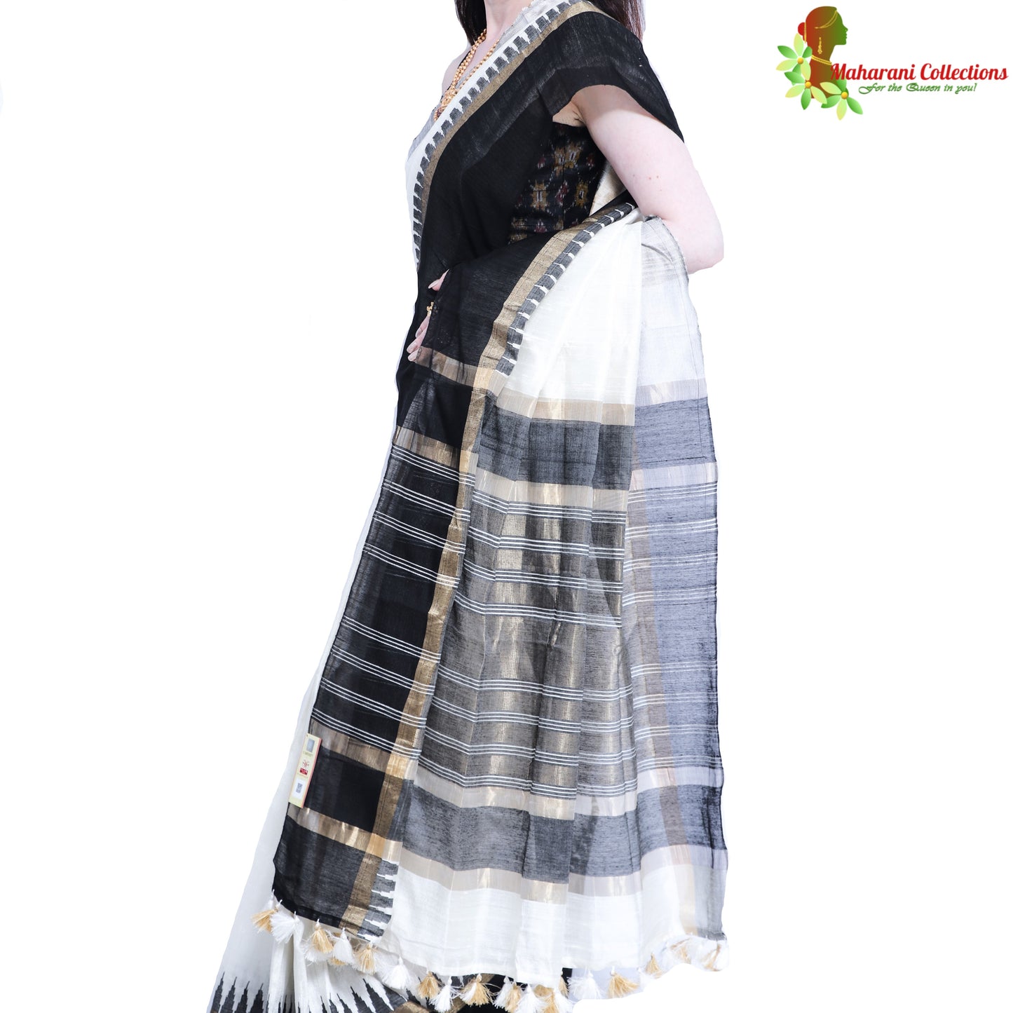 Pure Handloom Tussar Silk Saree (Silk Mark) - White with Golden Zari