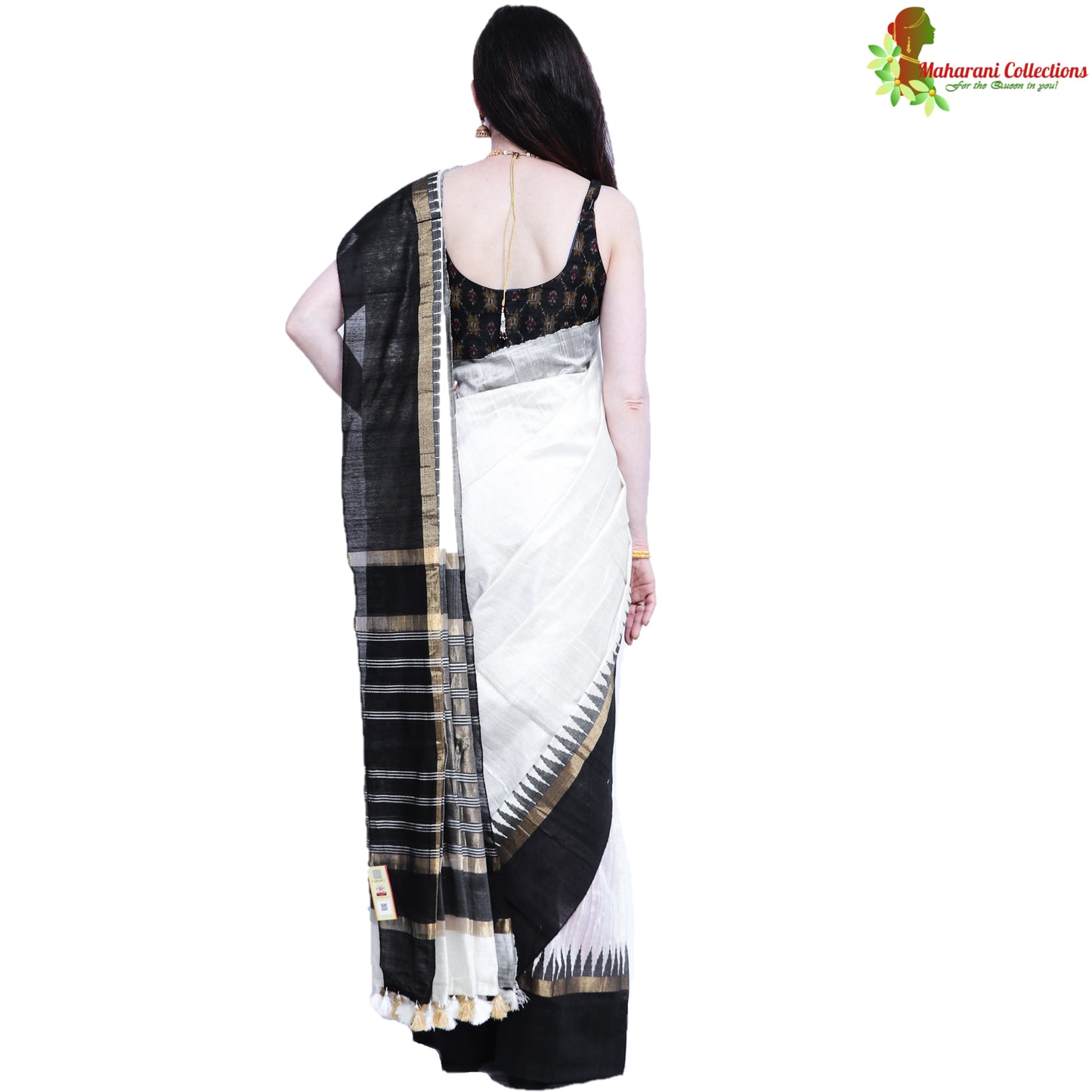 Pure Handloom Tussar Silk Saree (Silk Mark) - White with Golden Zari