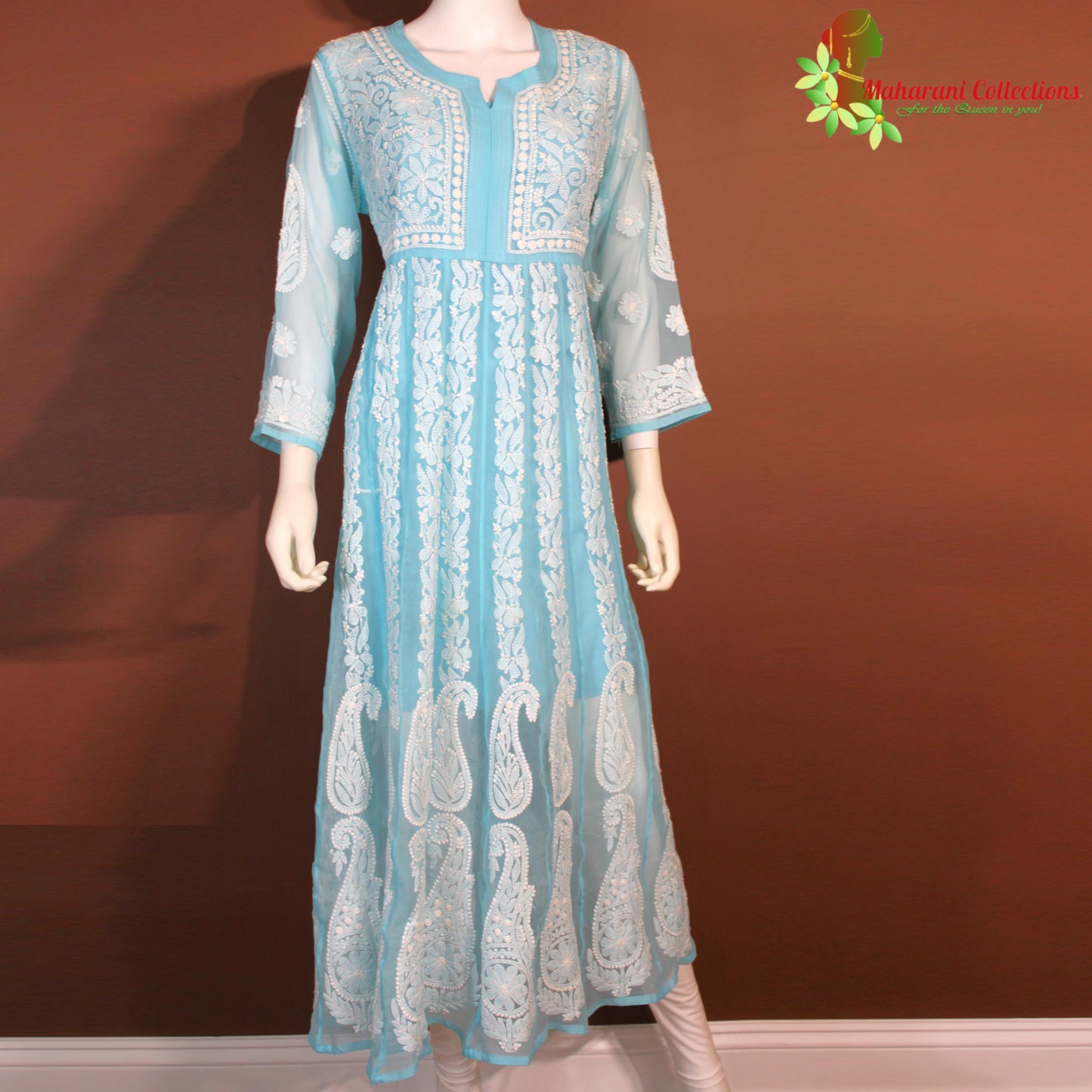 Maharani's Lucknowi Chikankari Anarkali Suit - Sky Blue (L) - Pure Georgette