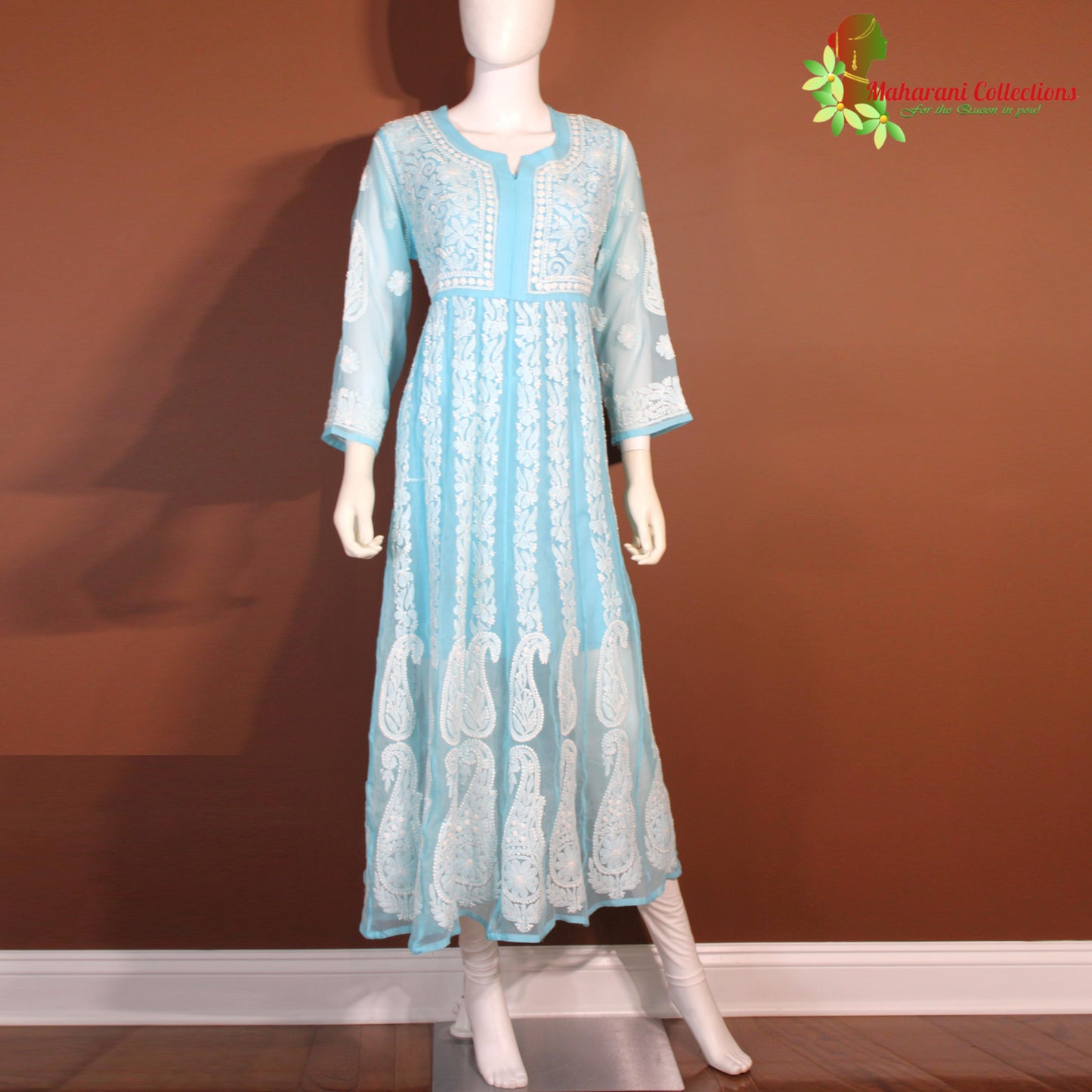 Maharani's Lucknowi Chikankari Anarkali Suit - Sky Blue (L) - Pure Georgette