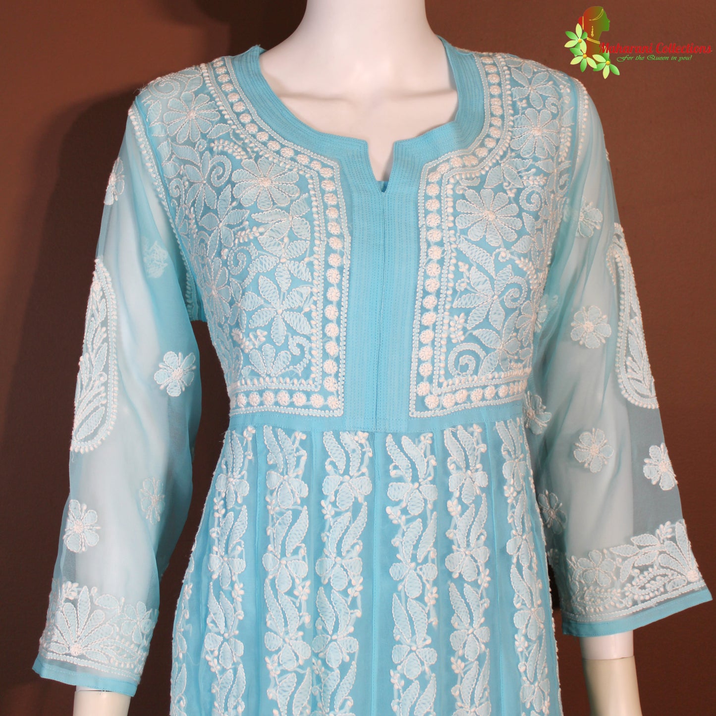 Maharani's Lucknowi Chikankari Anarkali Suit - Sky Blue (L) - Pure Georgette