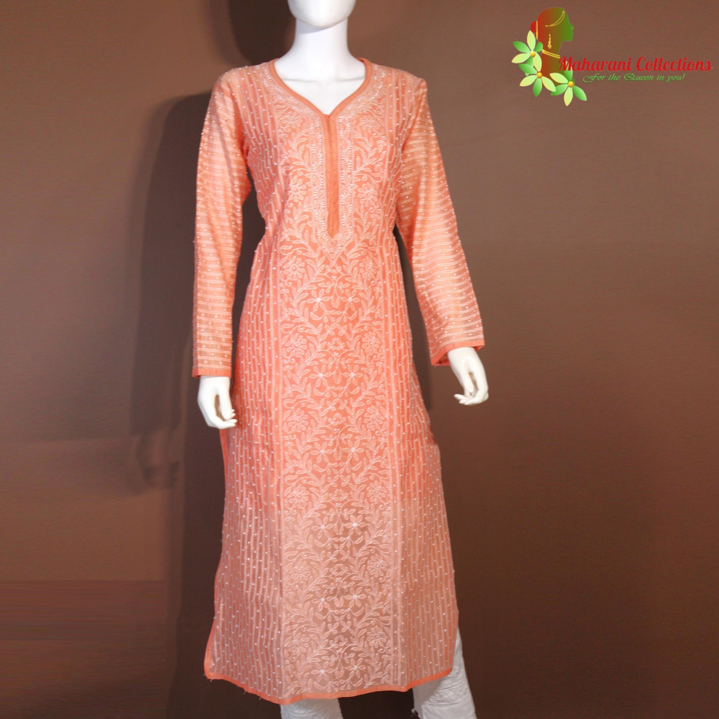 Maharani's Lucknowi Chikankari Pant Suit - Peach (L) - Chanderi Silk