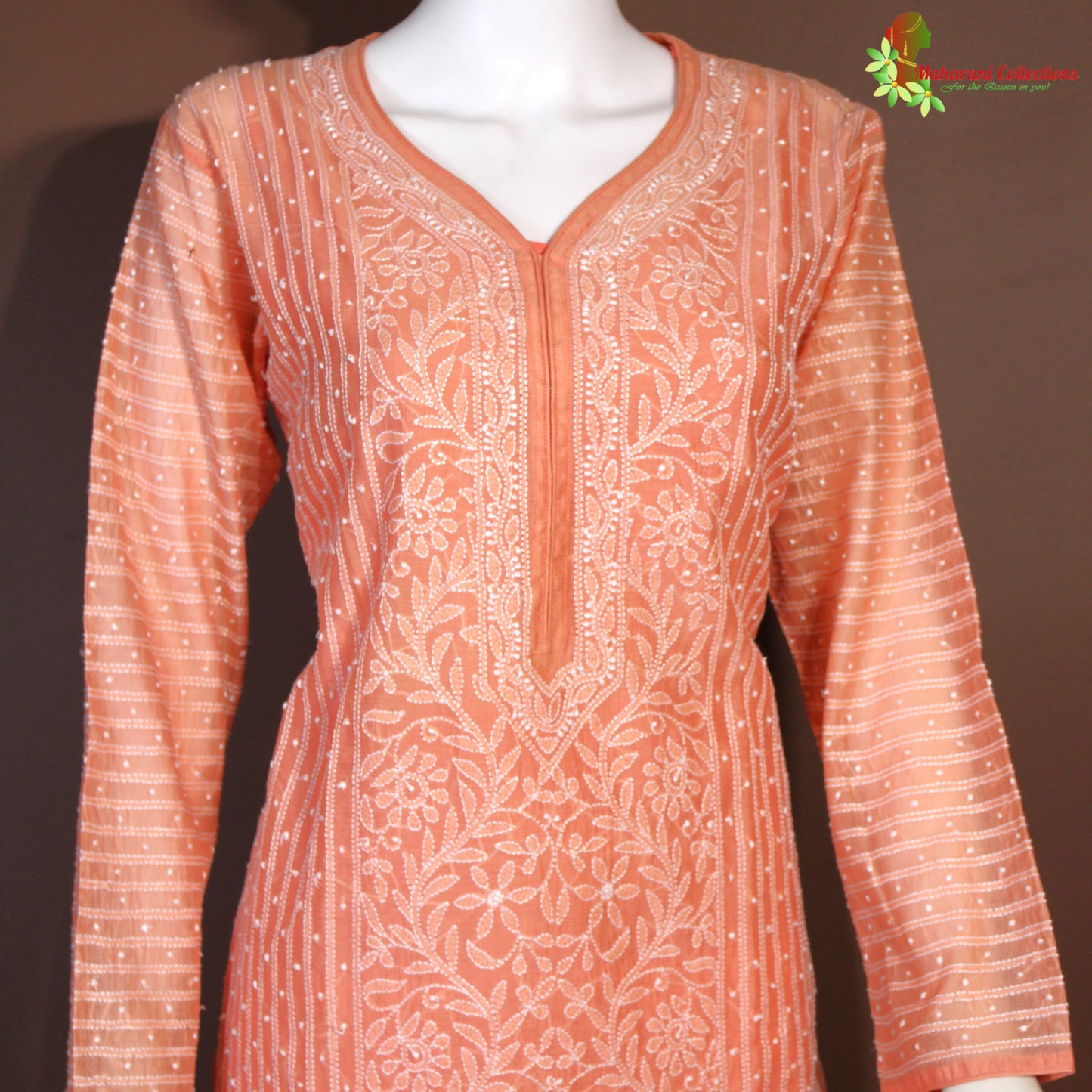 Maharani's Lucknowi Chikankari Pant Suit - Peach (L) - Chanderi Silk