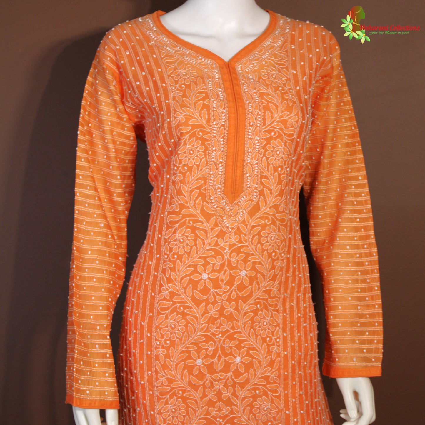 Maharani's Lucknowi Chikankari Pant Suit - Orange (XL) - Chanderi Silk