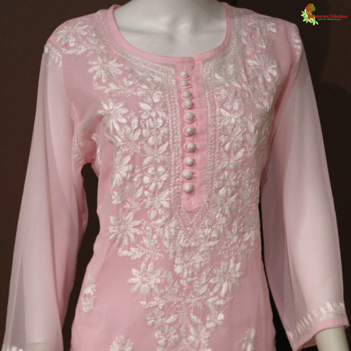 Maharani's Lucknowi Chikankari Top - Light Pink (L) - Pure Georgette