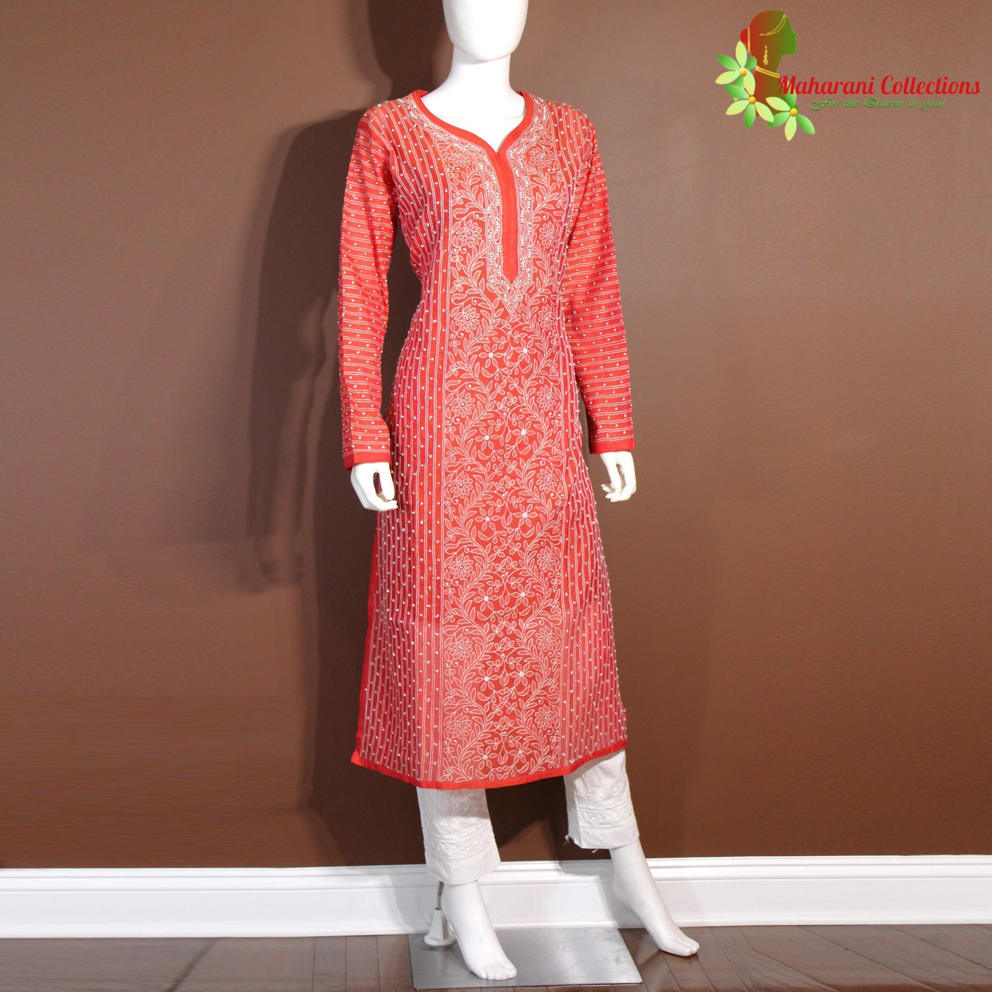 Maharani's Lucknowi Chikankari Pant Suit - Red (L) - Chanderi Silk