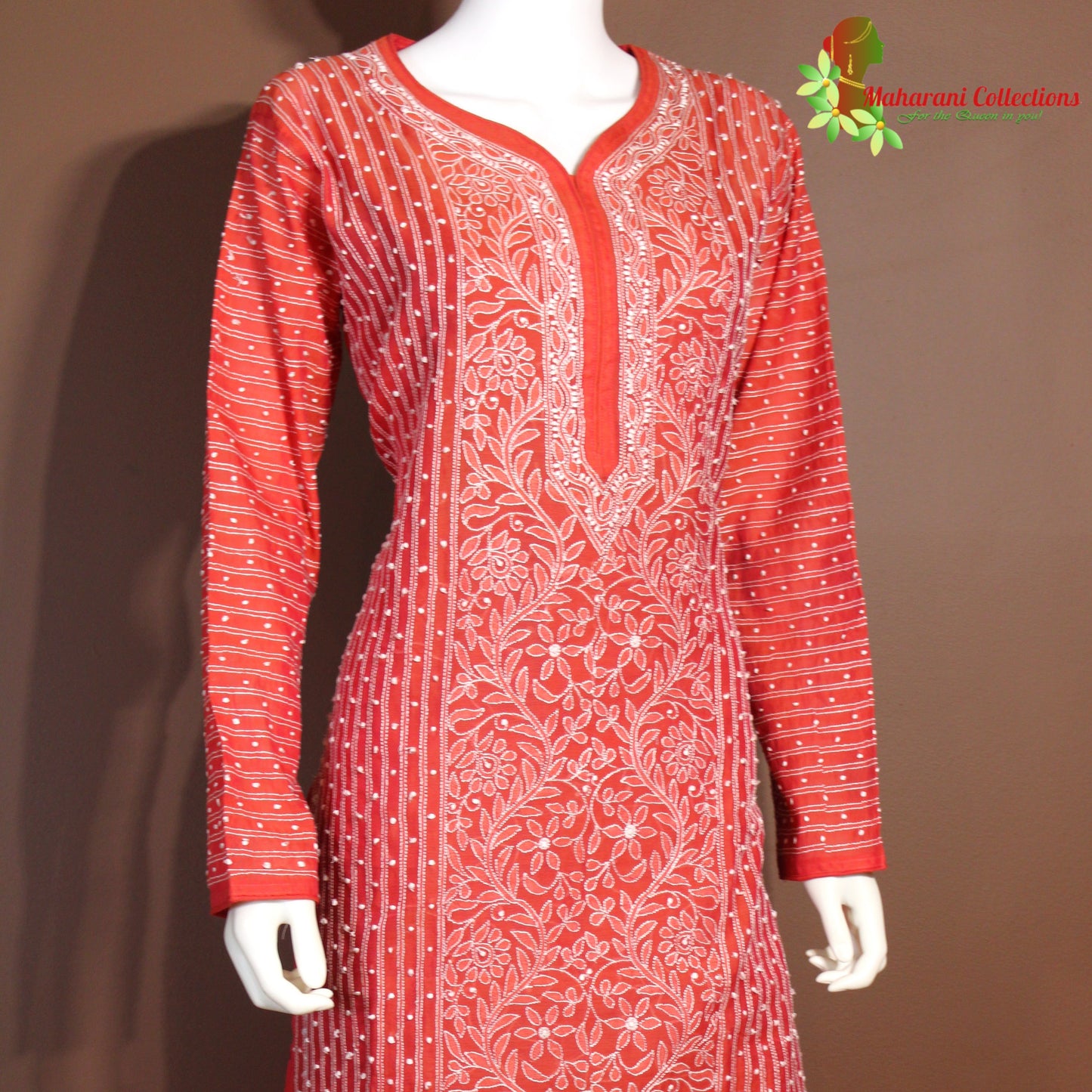 Maharani's Lucknowi Chikankari Pant Suit - Red (L) - Chanderi Silk