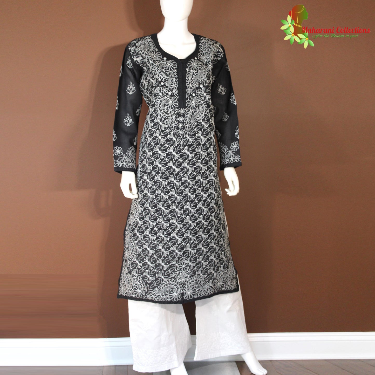 Maharani's Lucknowi Chikankari Pant Suit - Black (L) - Pure Cotton