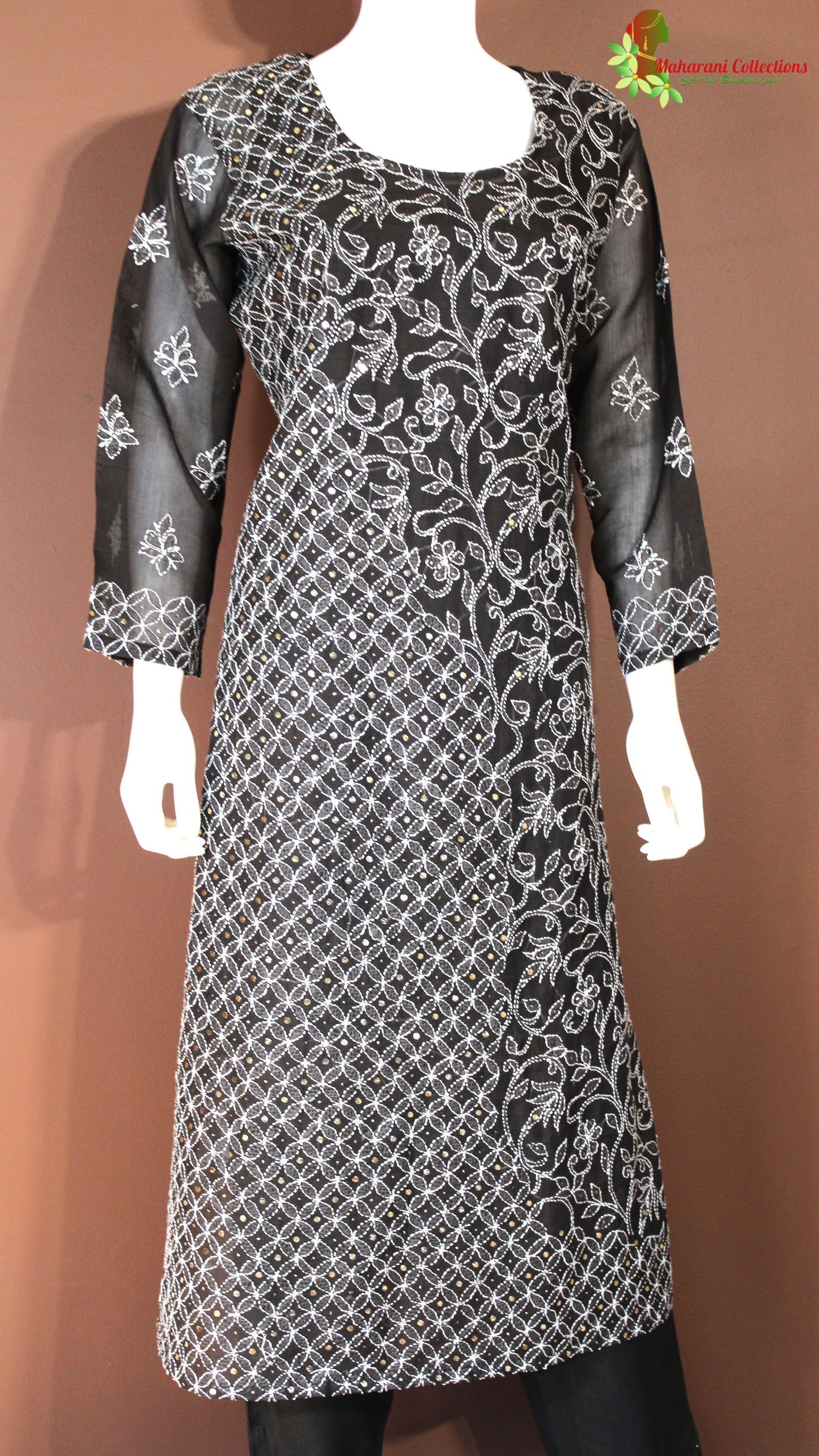 Maharani's Lucknowi Chikankari Palazzo Suit - Black (L) - Pure Georgette