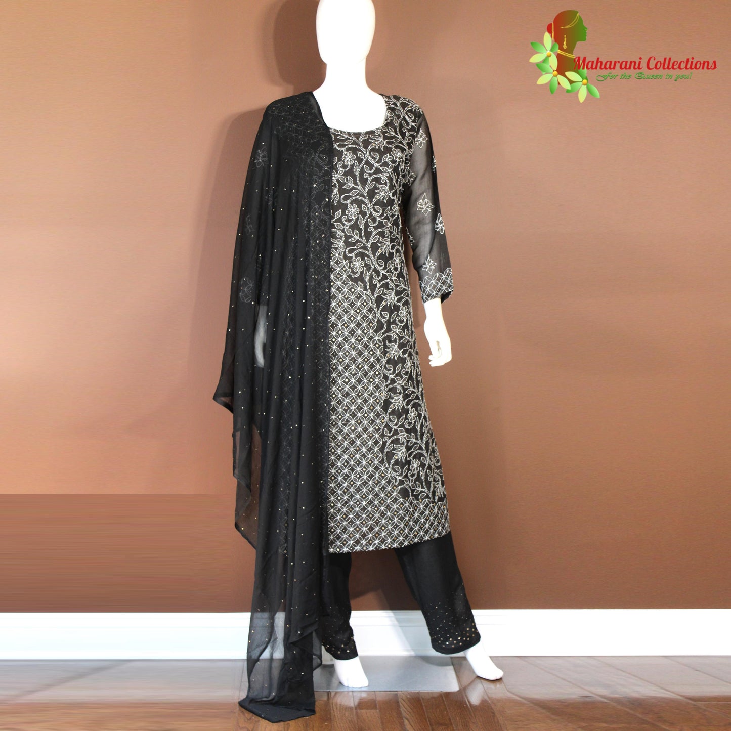 Maharani's Lucknowi Chikankari Palazzo Suit - Black (L) - Pure Georgette