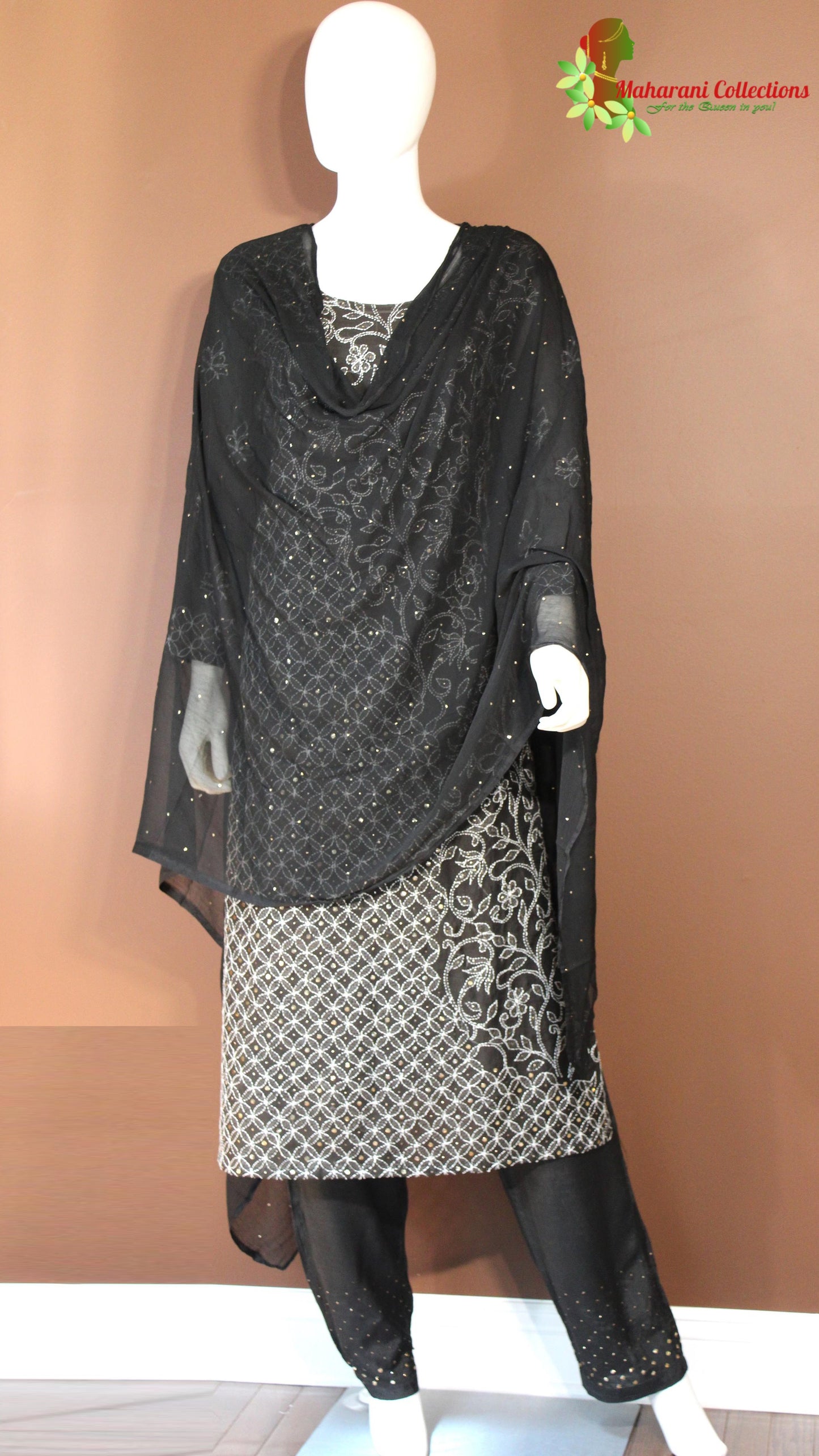 Maharani's Lucknowi Chikankari Palazzo Suit - Black (L) - Pure Georgette