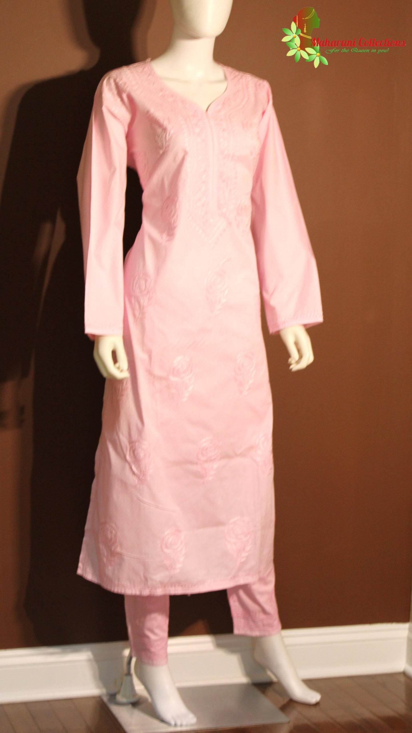 Maharani's Lucknowi Chikankari Pant Suit - Light Pink (XXL) - Pure Cotton