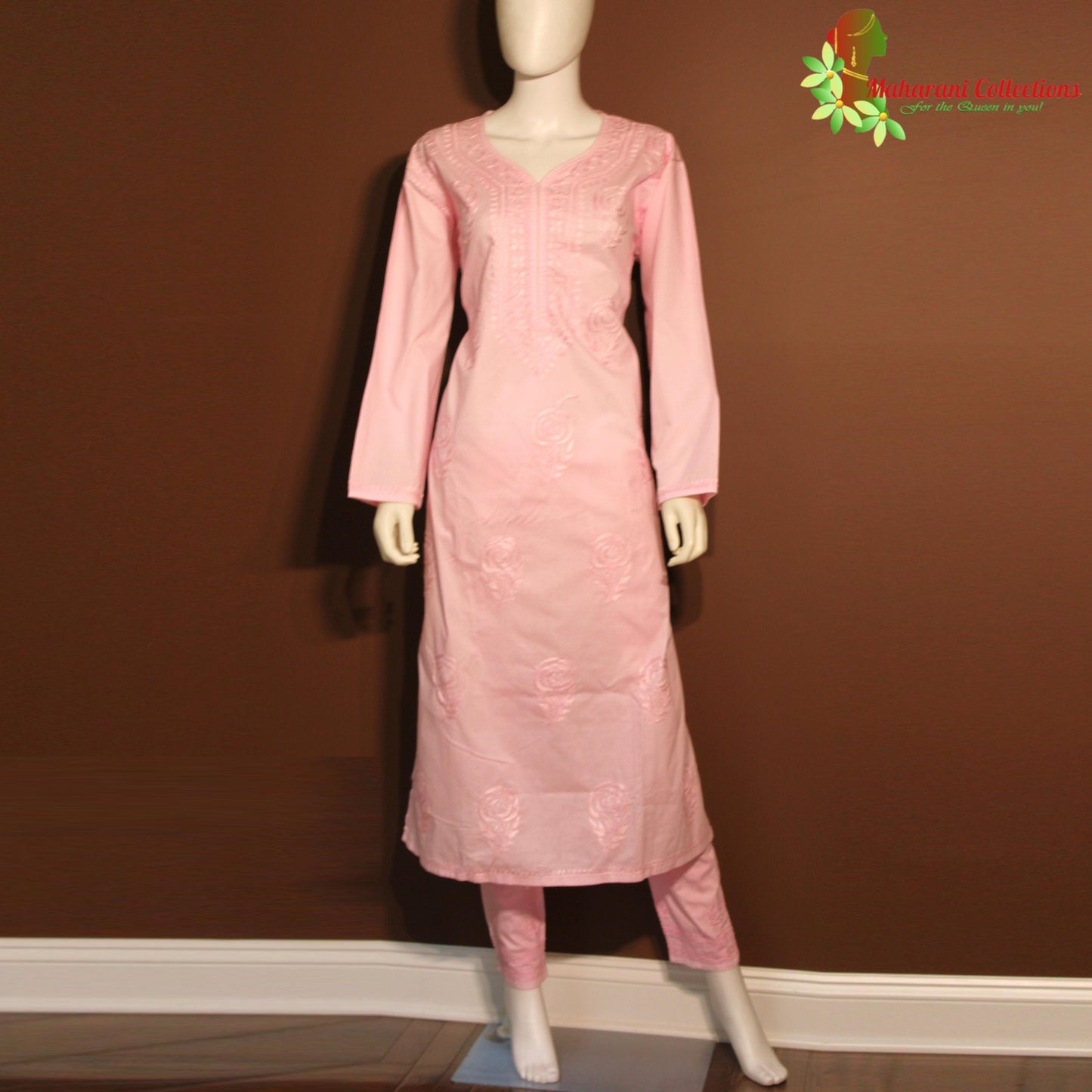Maharani's Lucknowi Chikankari Pant Suit - Light Pink (XXL) - Pure Cotton