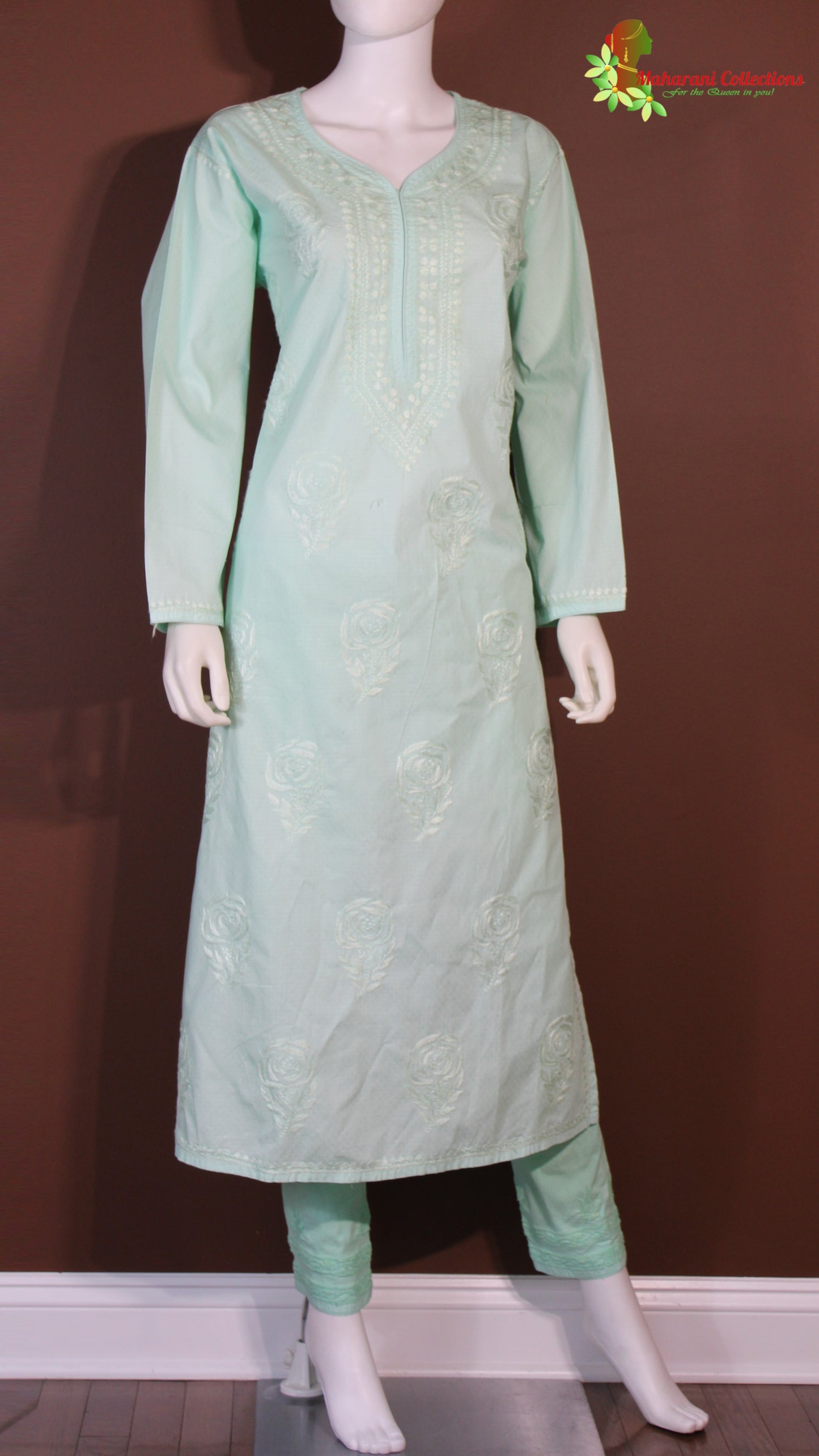 Maharani's Lucknowi Chikankari Pant Suit - Sea Green (L) - Cotton Silk