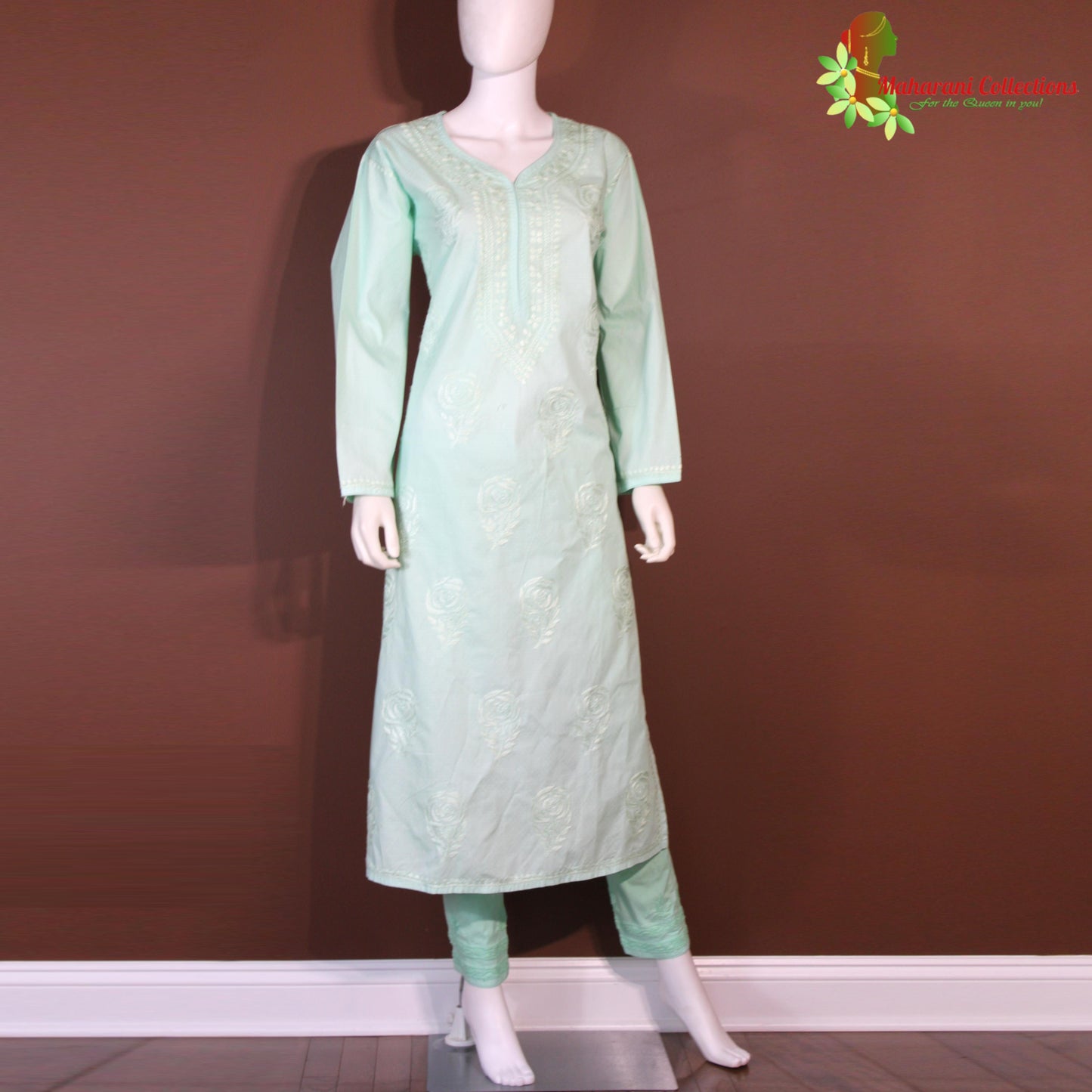 Maharani's Lucknowi Chikankari Pant Suit - Sea Green (L) - Cotton Silk