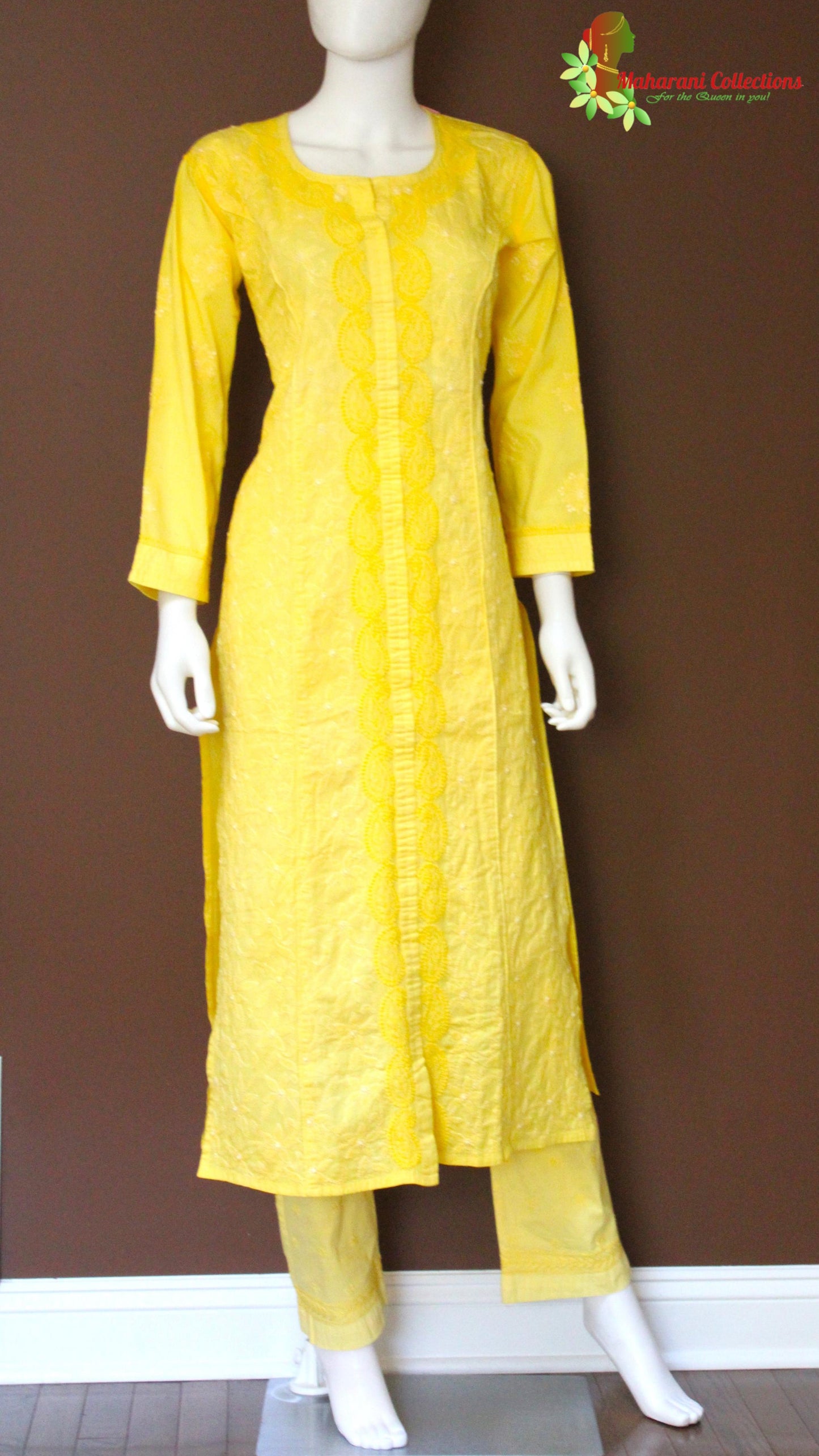 Maharani's Lucknowi Chikankari Pant Suit - Yellow (M) - Cotton Silk