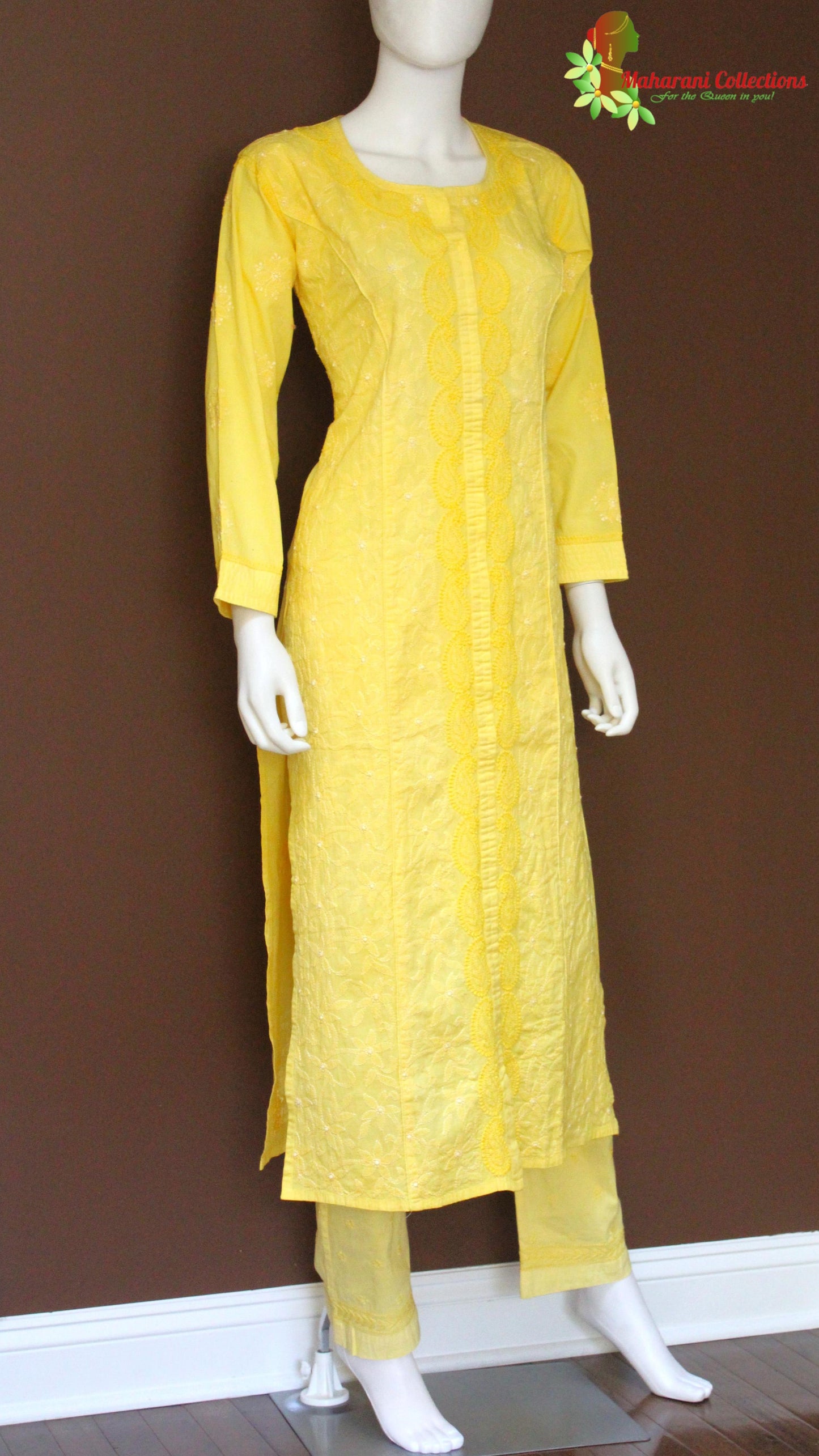 Maharani's Lucknowi Chikankari Pant Suit - Yellow (M) - Cotton Silk