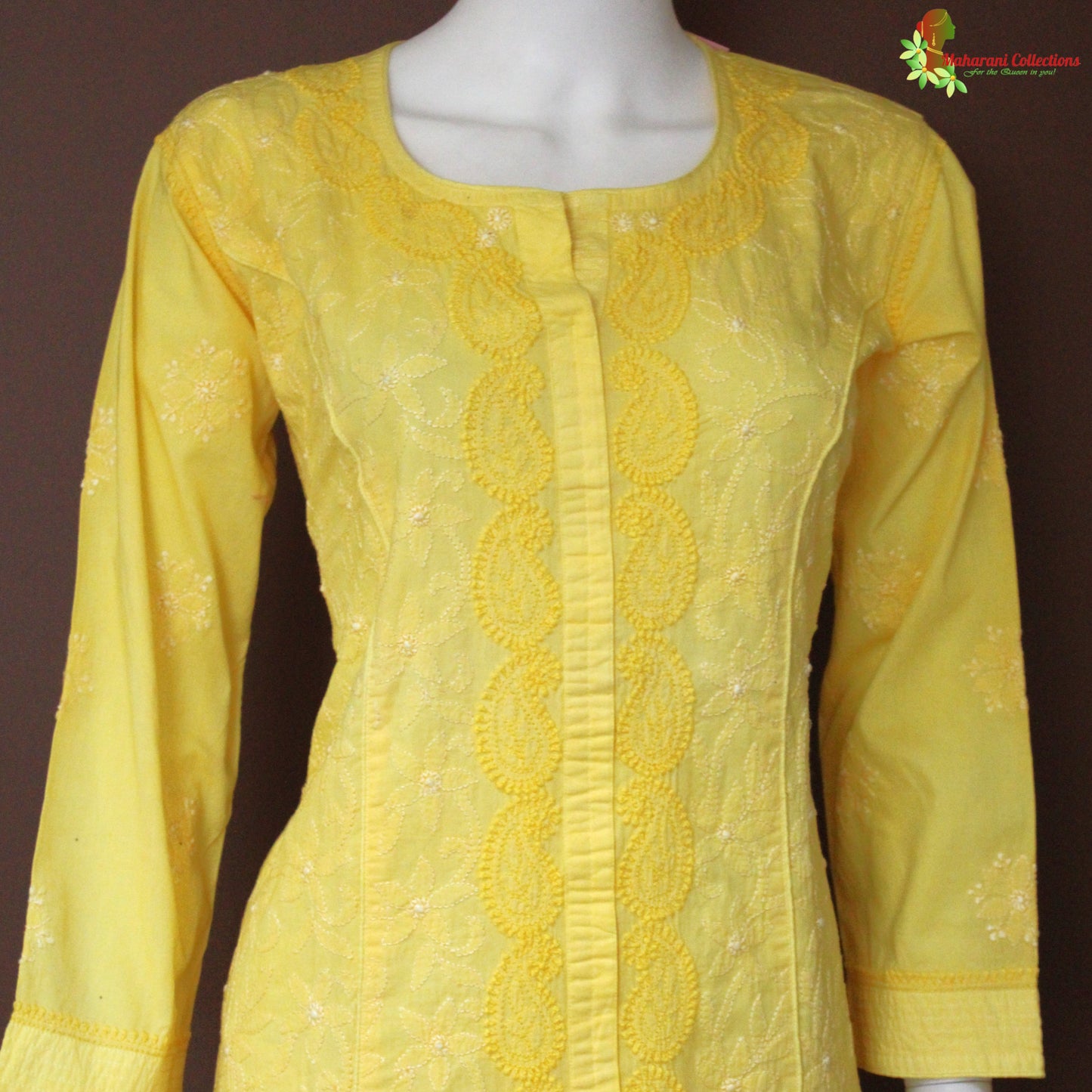 Maharani's Lucknowi Chikankari Pant Suit - Yellow (M) - Cotton Silk