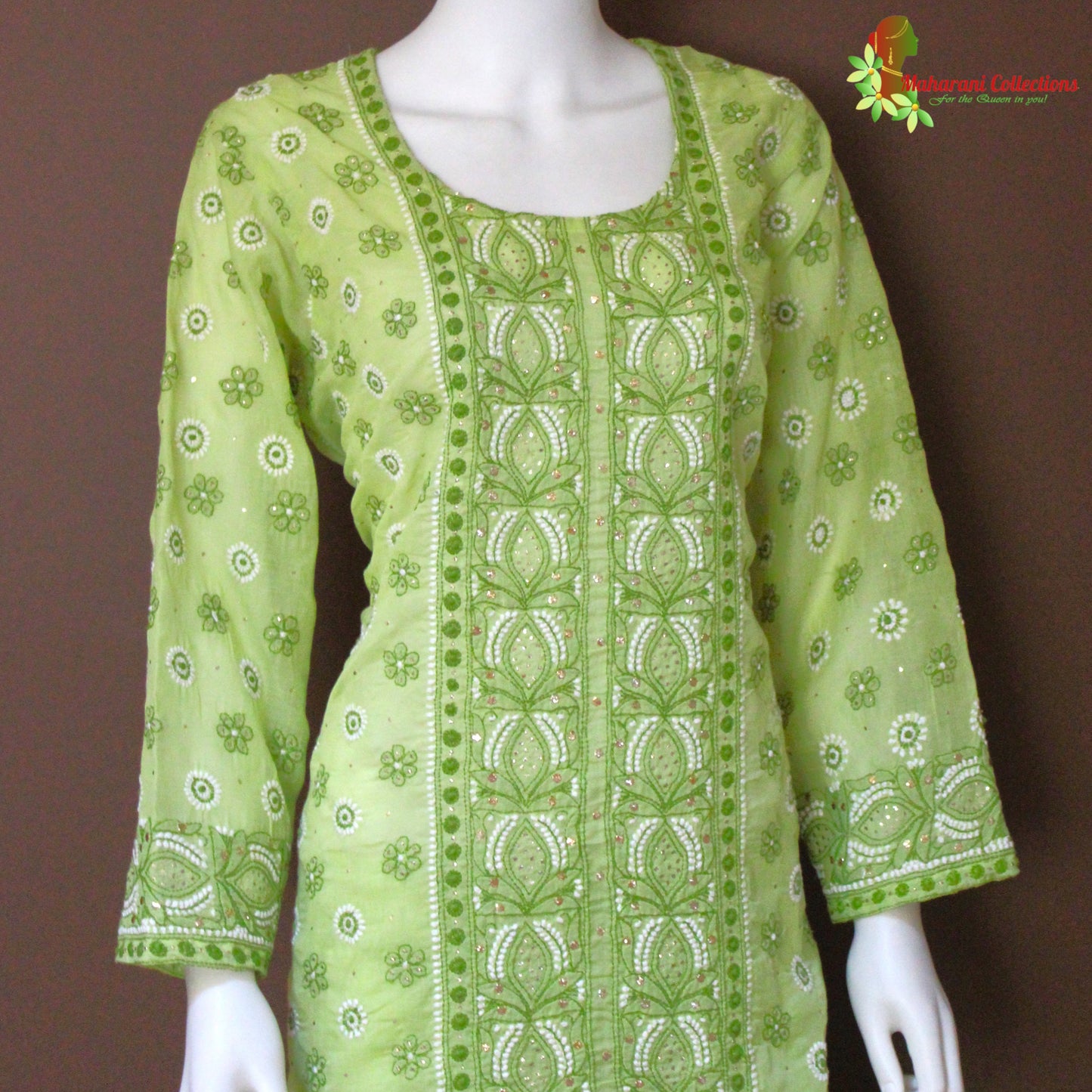 Maharani's Lucknowi Chikankari Palazzo Suit - Pista Green (XL) - Cotton Silk