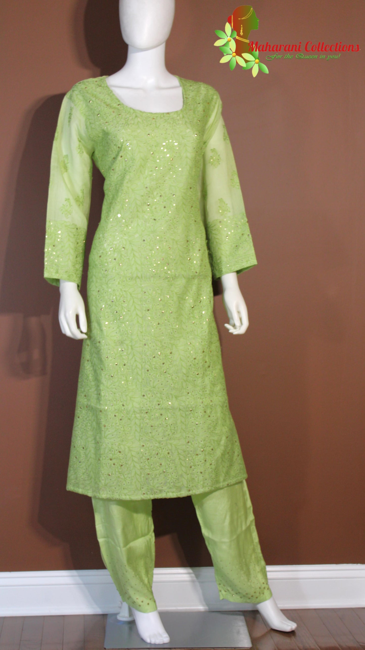 Maharani's Lucknowi Chikankari Palazzo Suit - Olive Green (XXL) - Silk