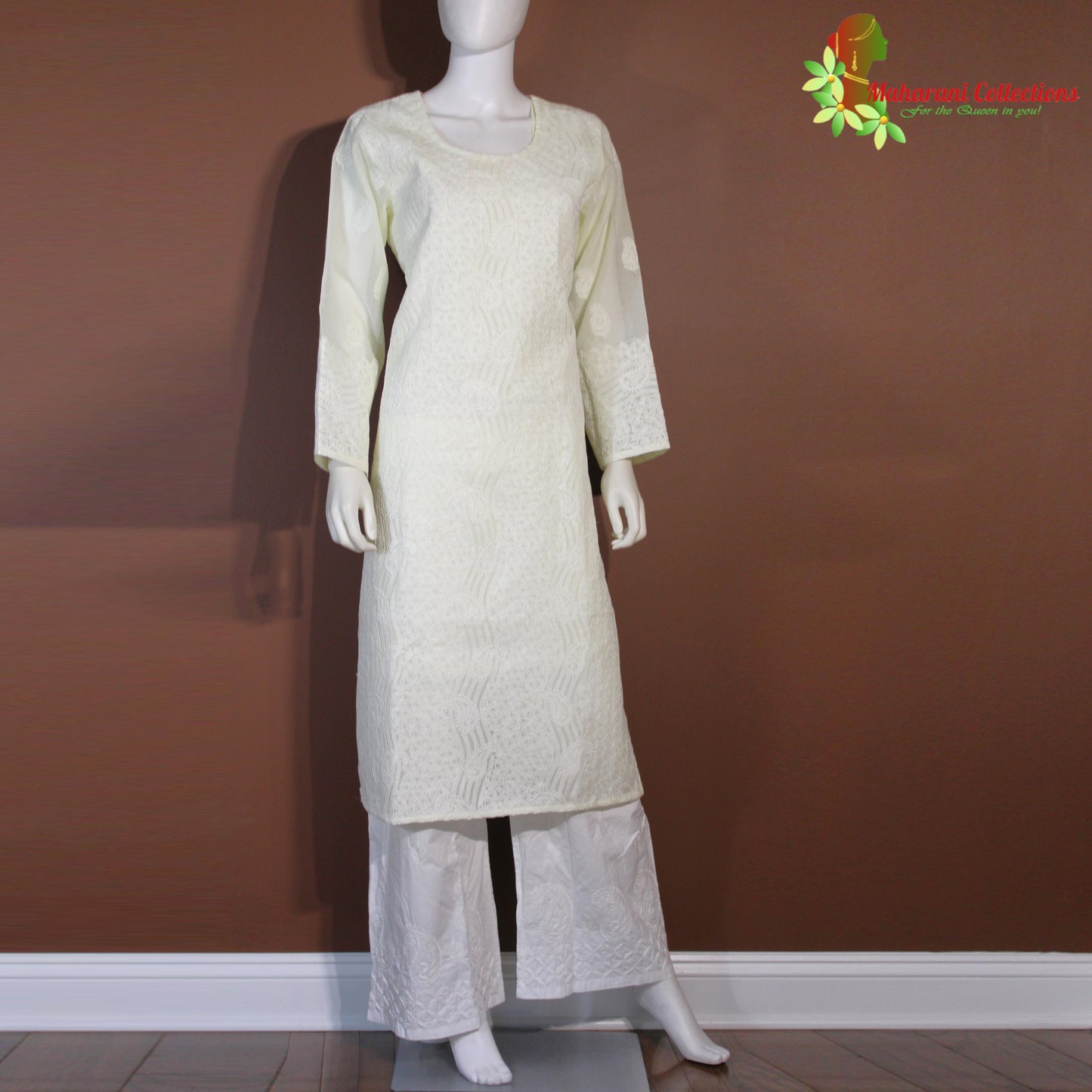 Maharani's Lucknowi Chikankari Pant Suit - Lemon Yellow (XL) - Pure Cotton