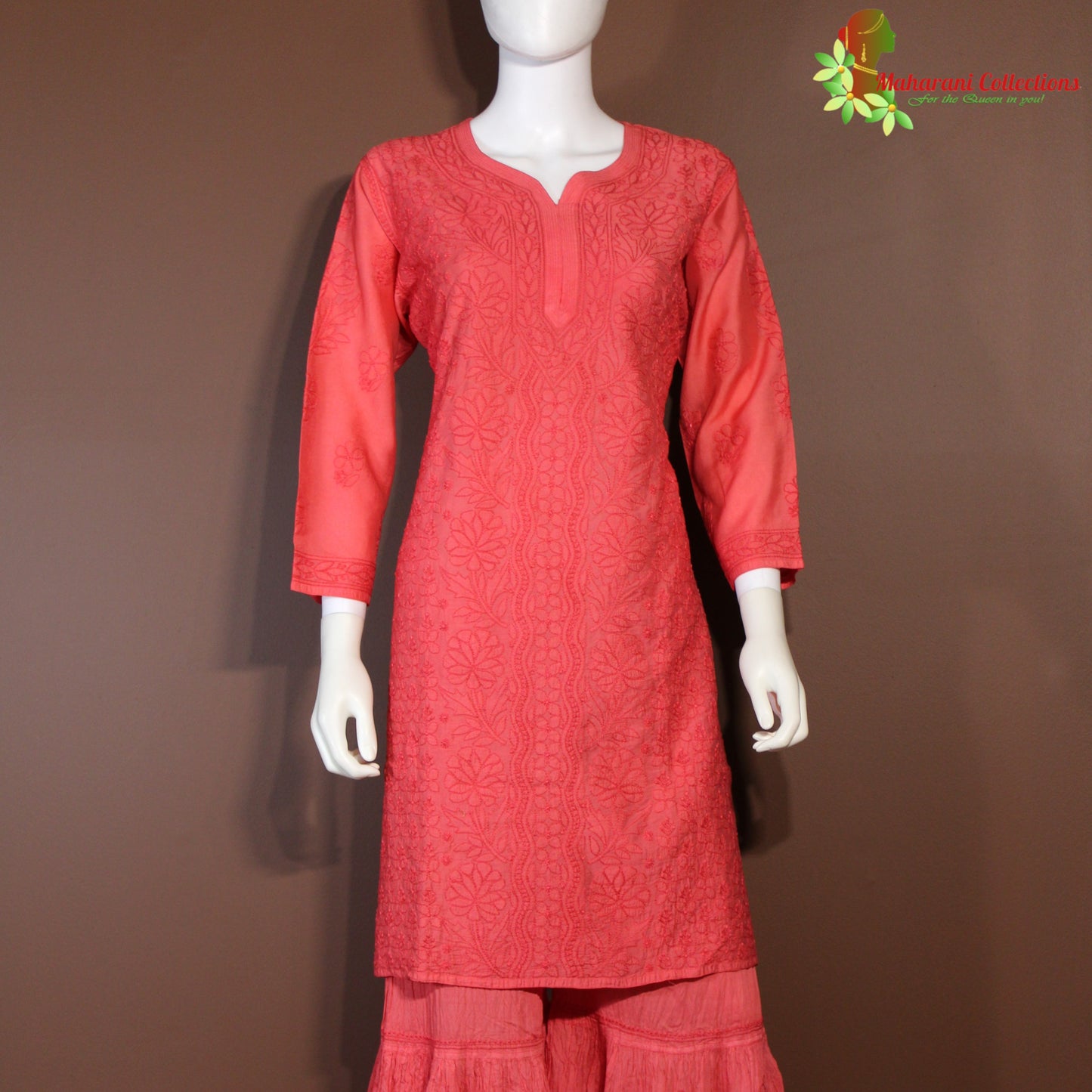 Maharani's Lucknowi Chikankari Sharara Suit - Red (XL) - Pure Cotton