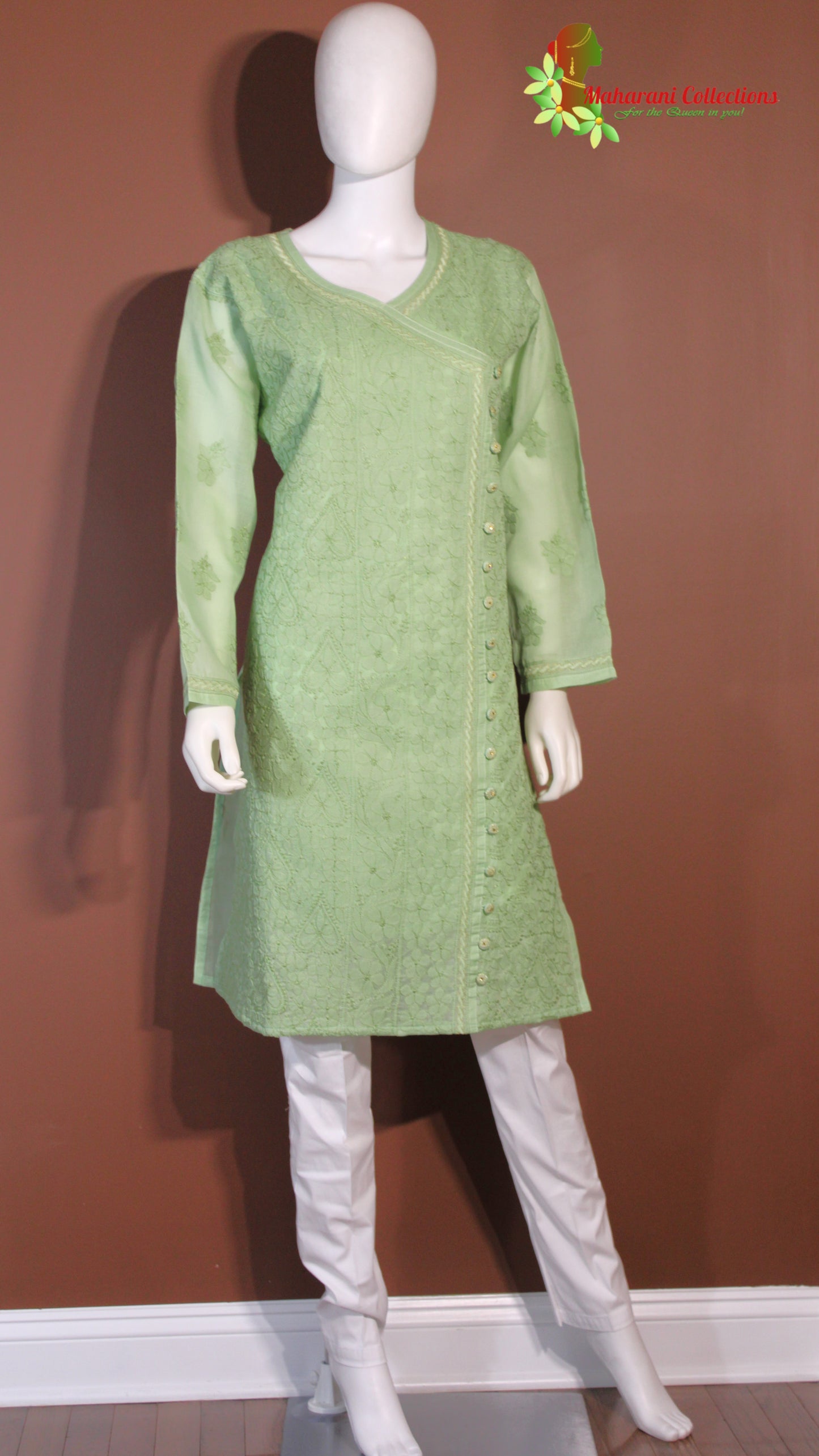 Maharani's Lucknowi Chikankari Pant Suit - Green (XL) - Chanderi Silk