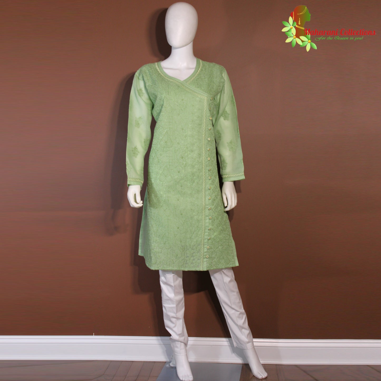 Maharani's Lucknowi Chikankari Pant Suit - Green (XL) - Chanderi Silk