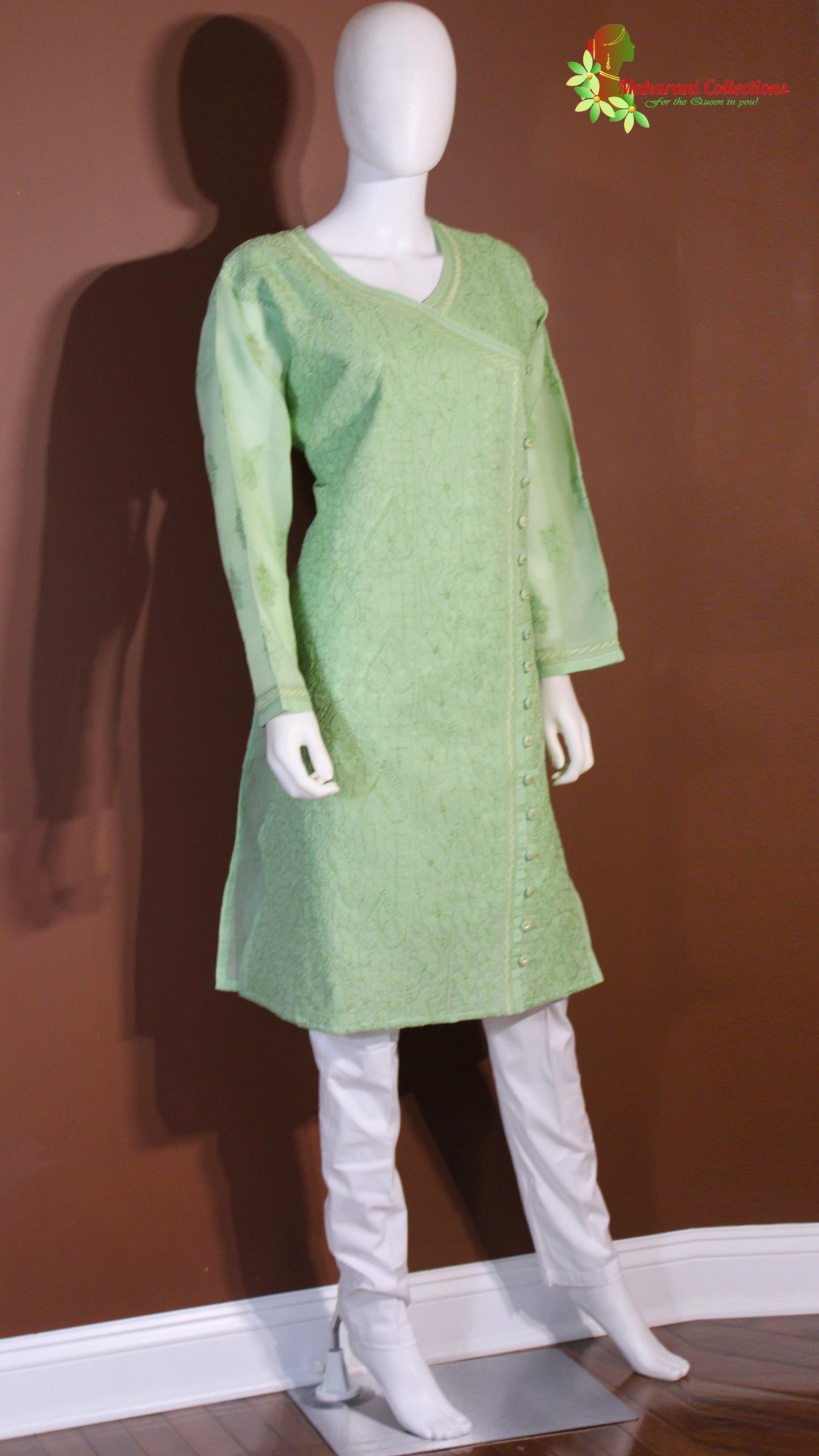 Maharani's Lucknowi Chikankari Pant Suit - Green (XL) - Chanderi Silk