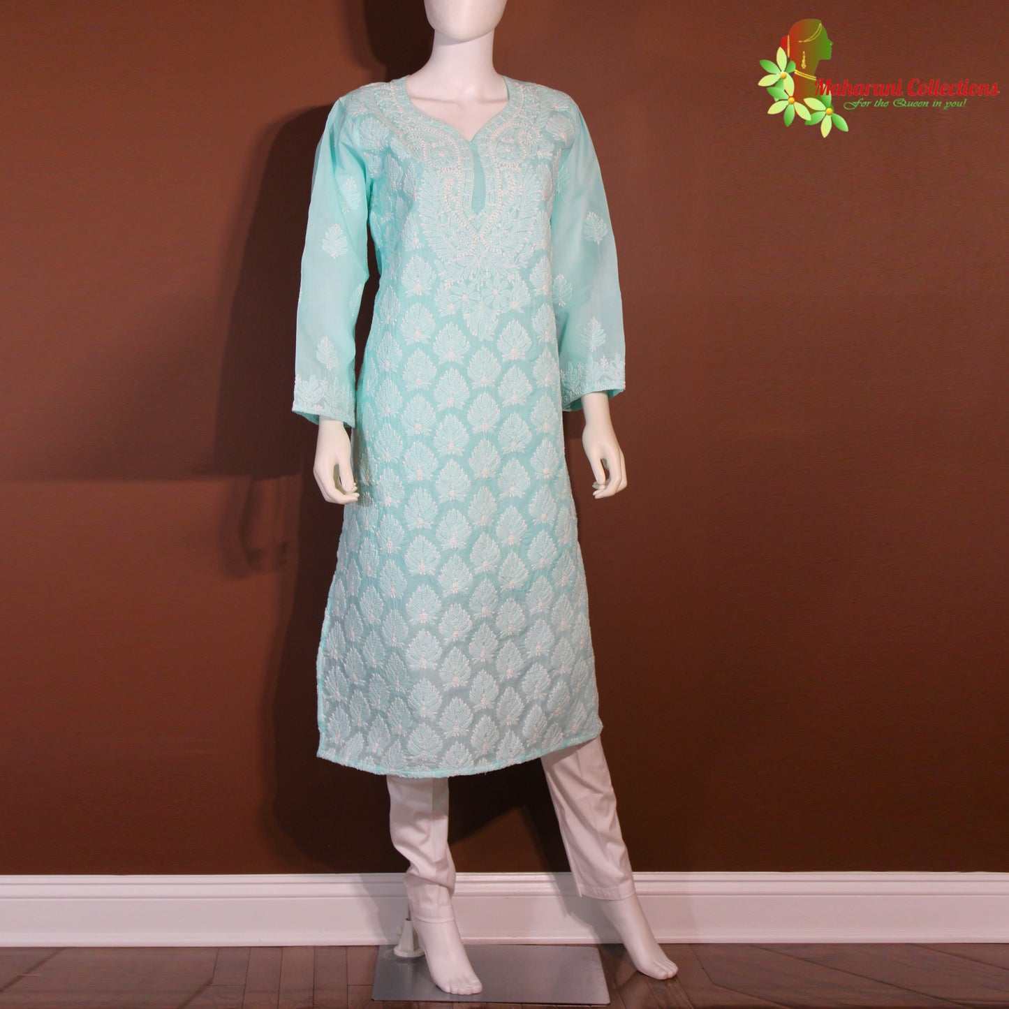 Maharani's Lucknowi Chikankari Pant Suit - Sea Green (XXL) - Pure Cotton