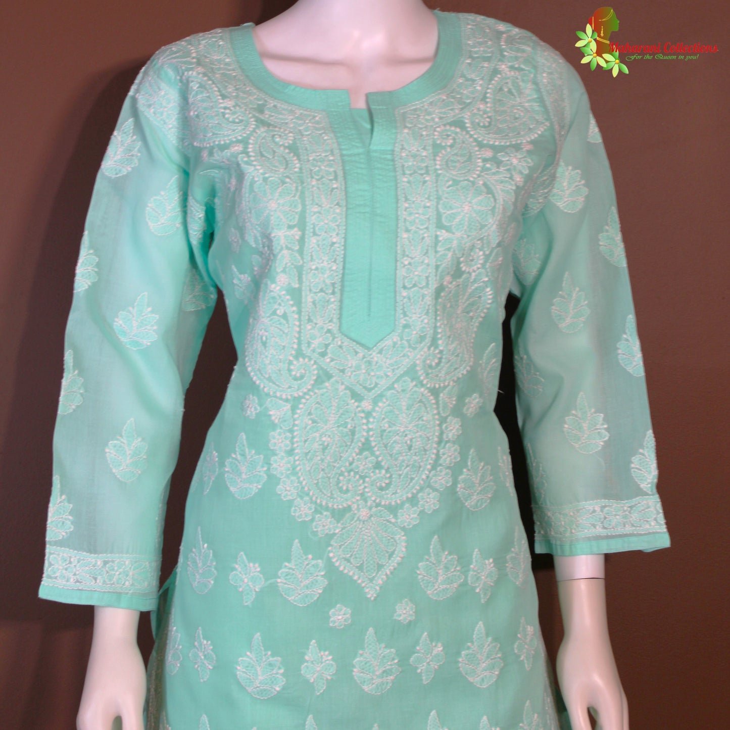 Maharani's Lucknowi Chikankari Pant Suit - Light Sea Green (M) - Pure Cotton