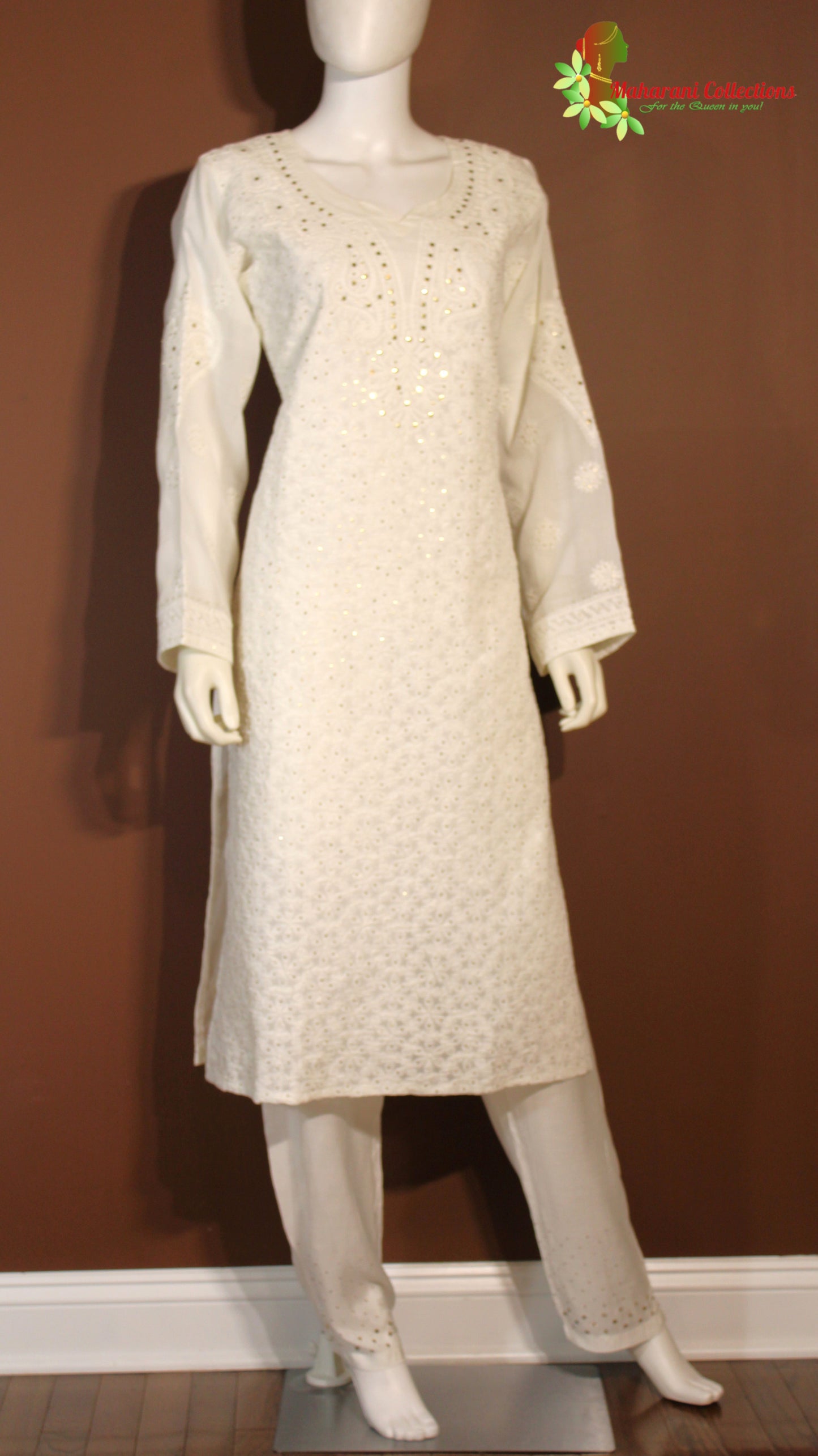 Maharani's Lucknowi Chikankari Pant Suit - White (L) - Cotton Silk