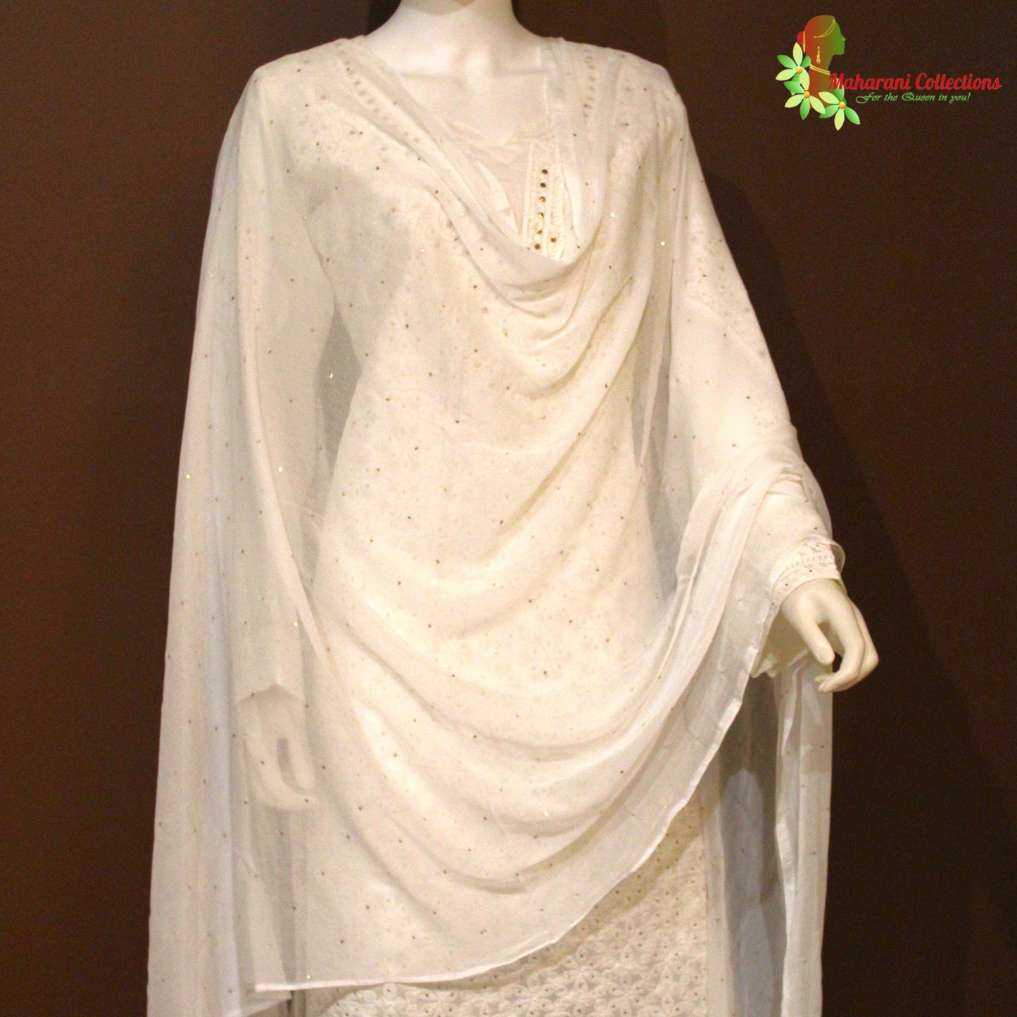 Maharani's Lucknowi Chikankari Pant Suit - White (L) - Cotton Silk