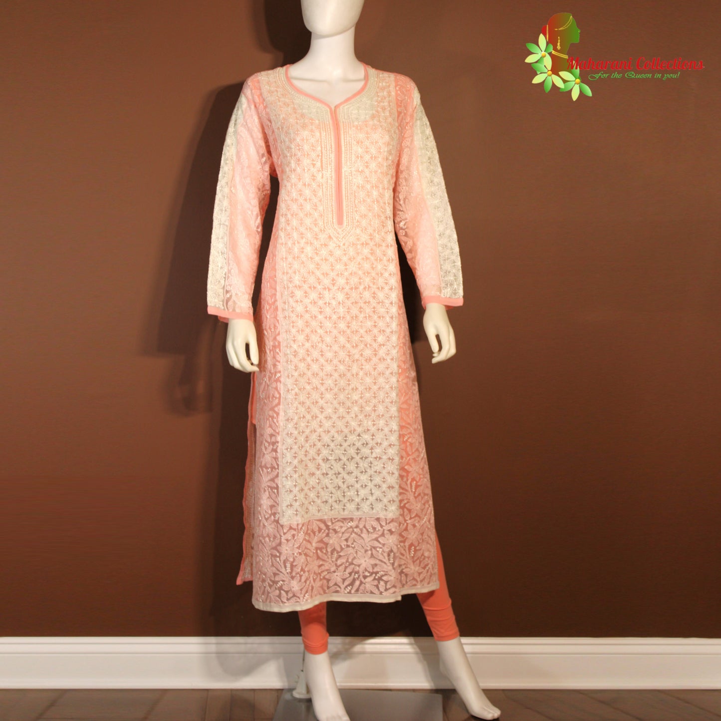 Maharani's Lucknowi Chikankari Pant Suit - Peach (XXL) - Pure Georgette