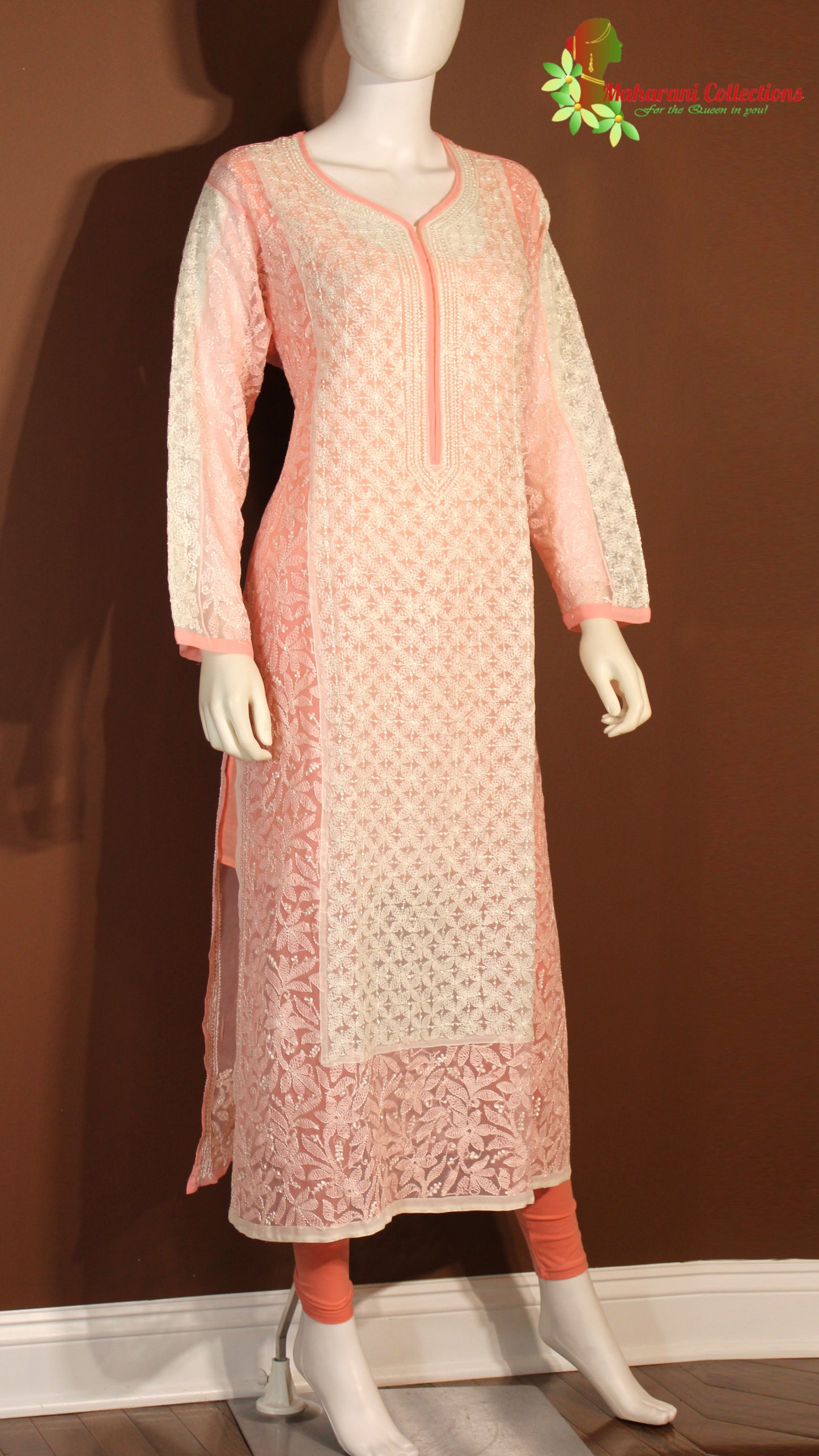 Maharani's Lucknowi Chikankari Pant Suit - Peach (XXL) - Pure Georgette